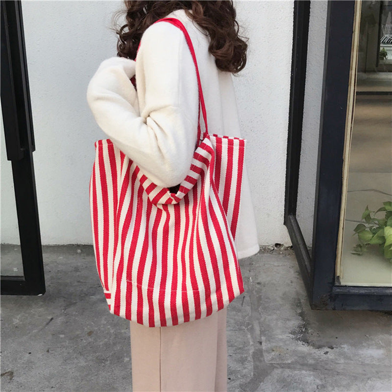 Large capacity Korean classic retro striped shoulder bag simple canvas bag cloth bag