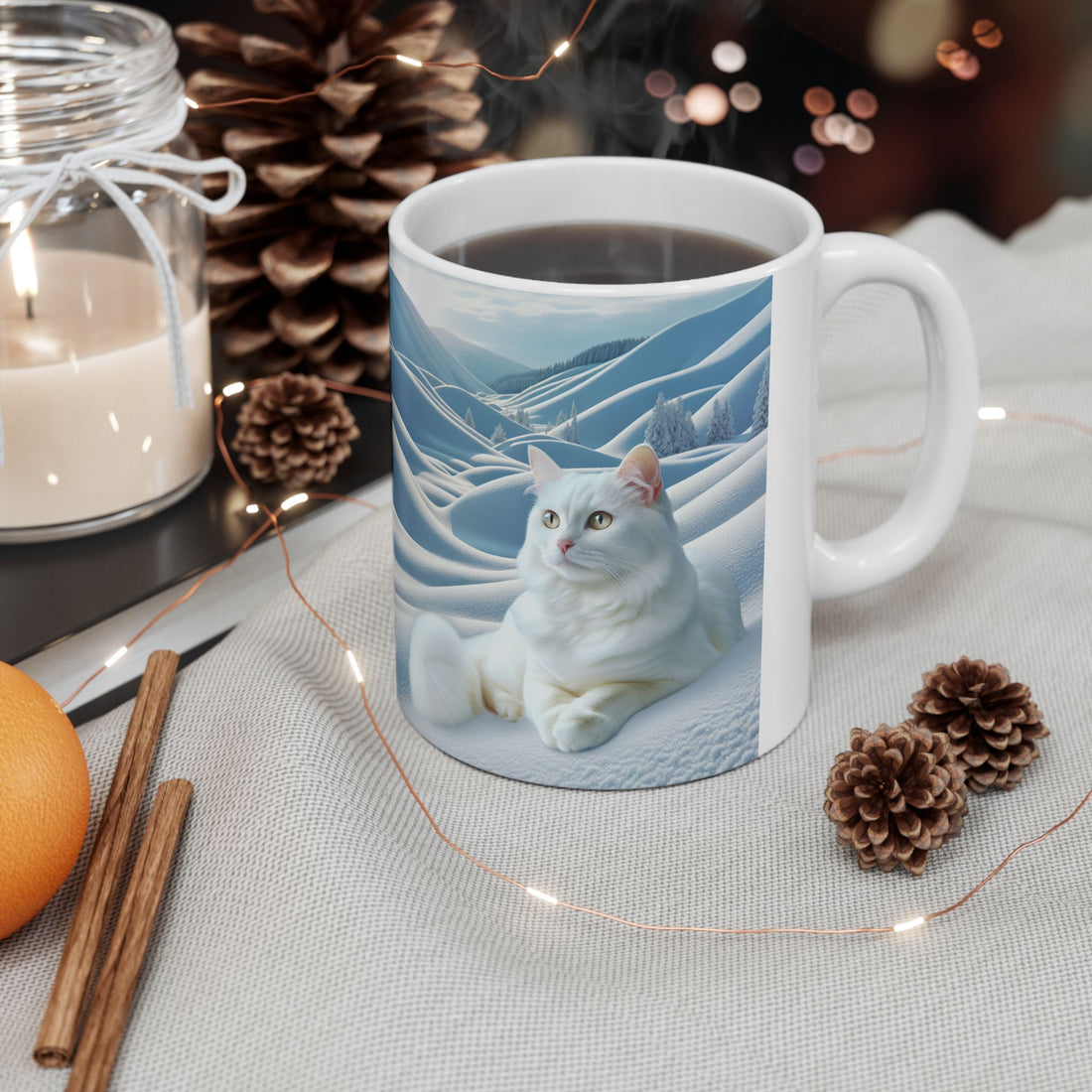 Ceramic Mug White Cat in Snow