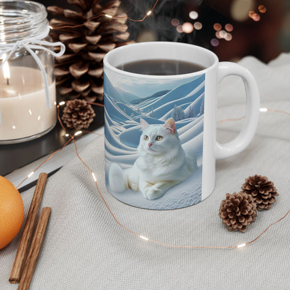 Ceramic Mug White Cat in Snow