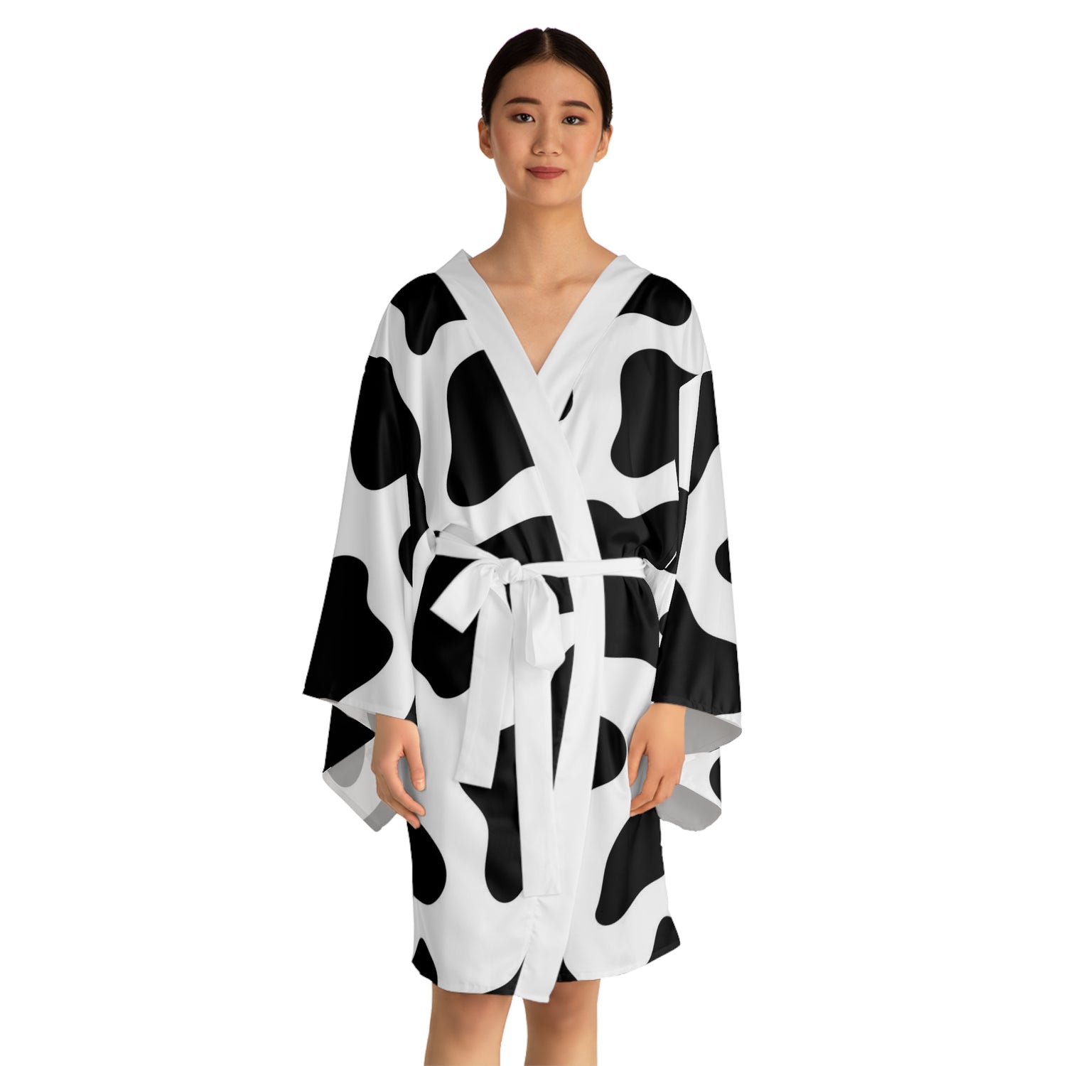 Long Sleeve Kimono Robe Beautiful Black and White