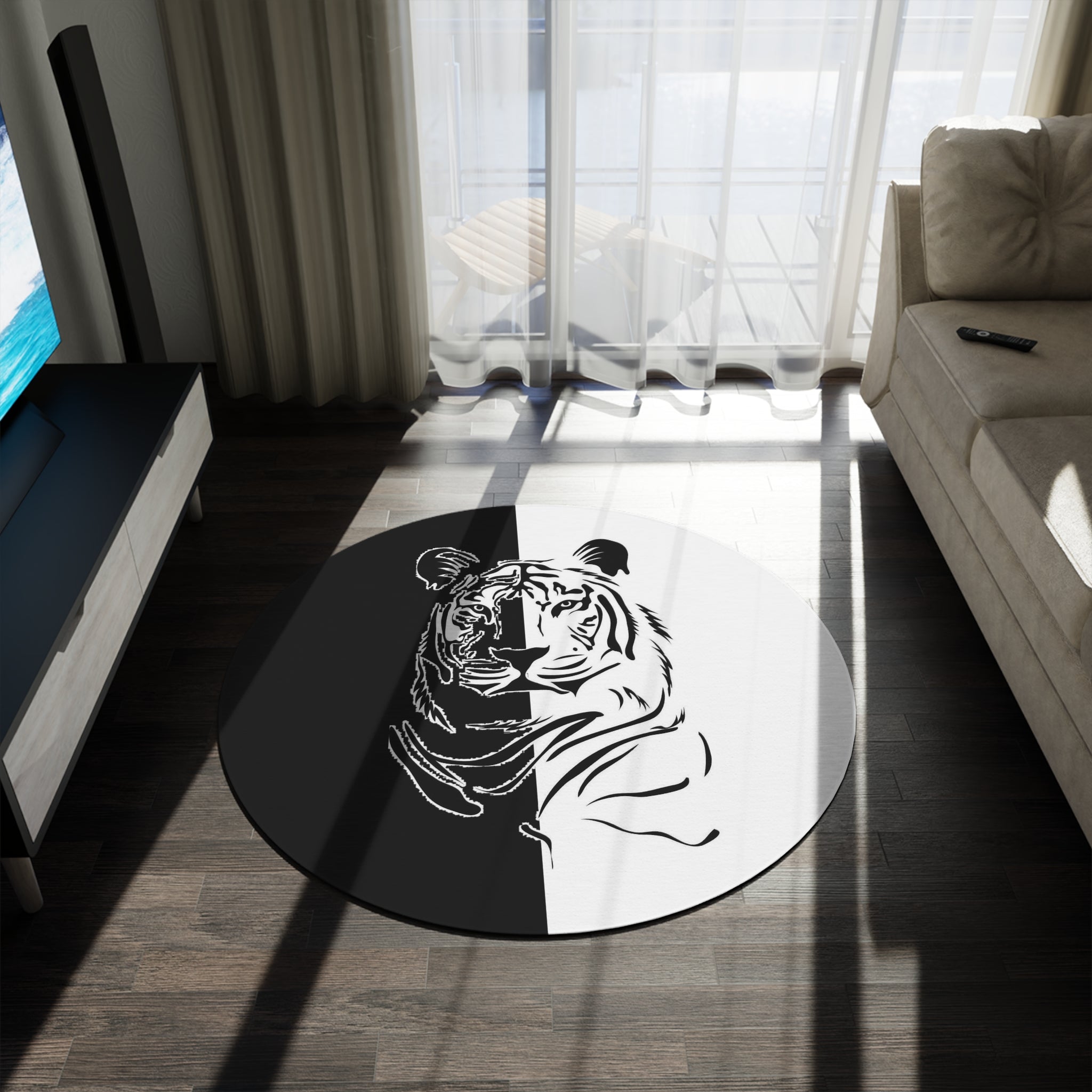 Round Rug Tiger Black White