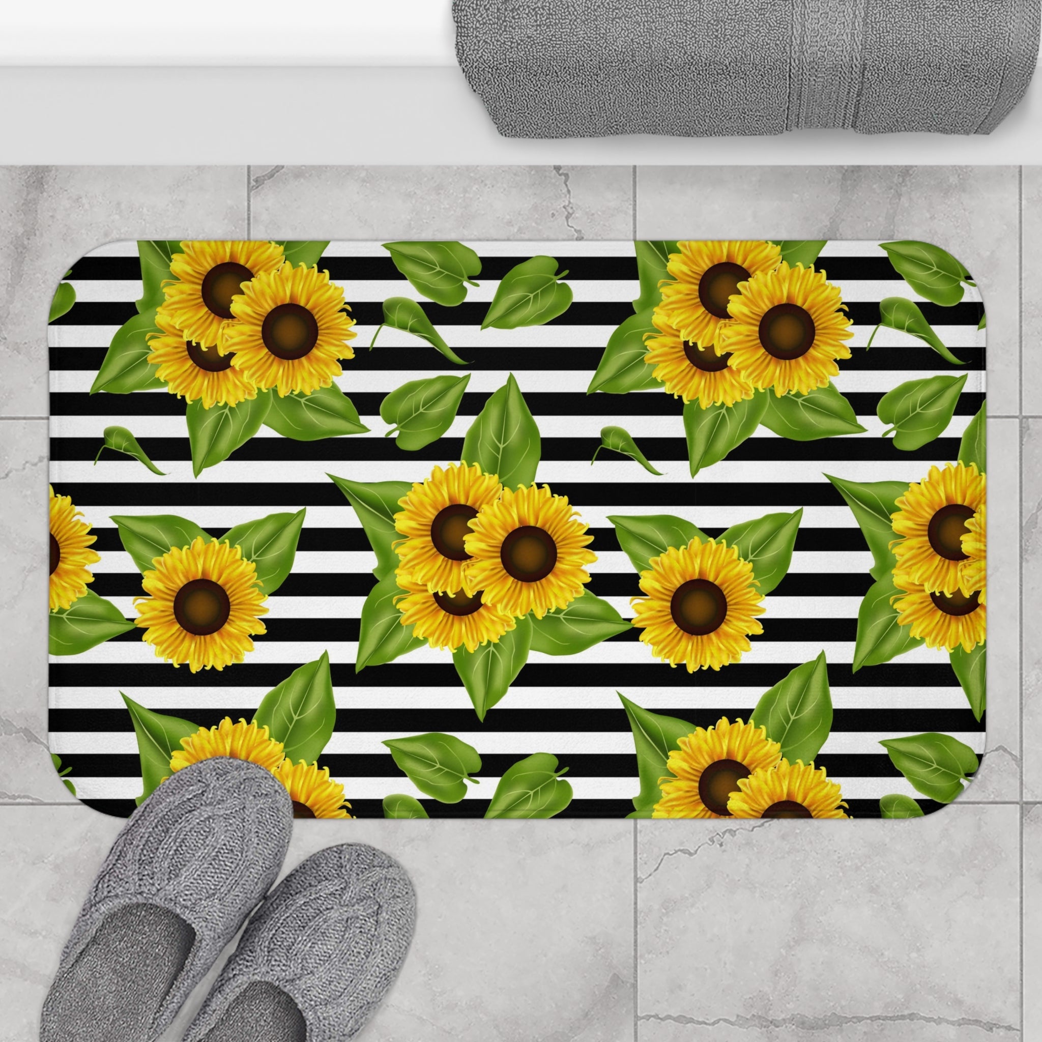 Bath Mat Sunflowers on black and white