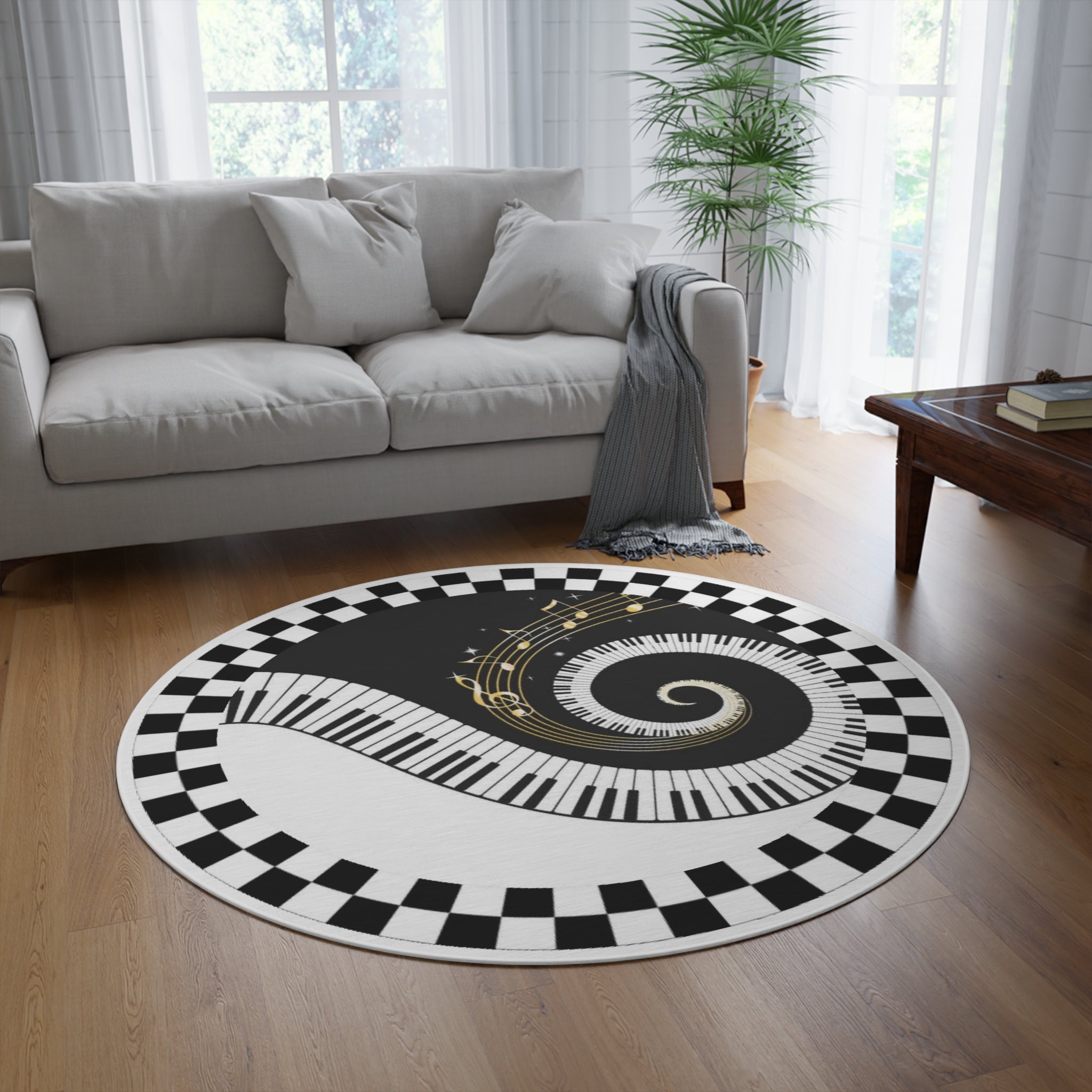 Round Rug Piank keyboard black and white decoration