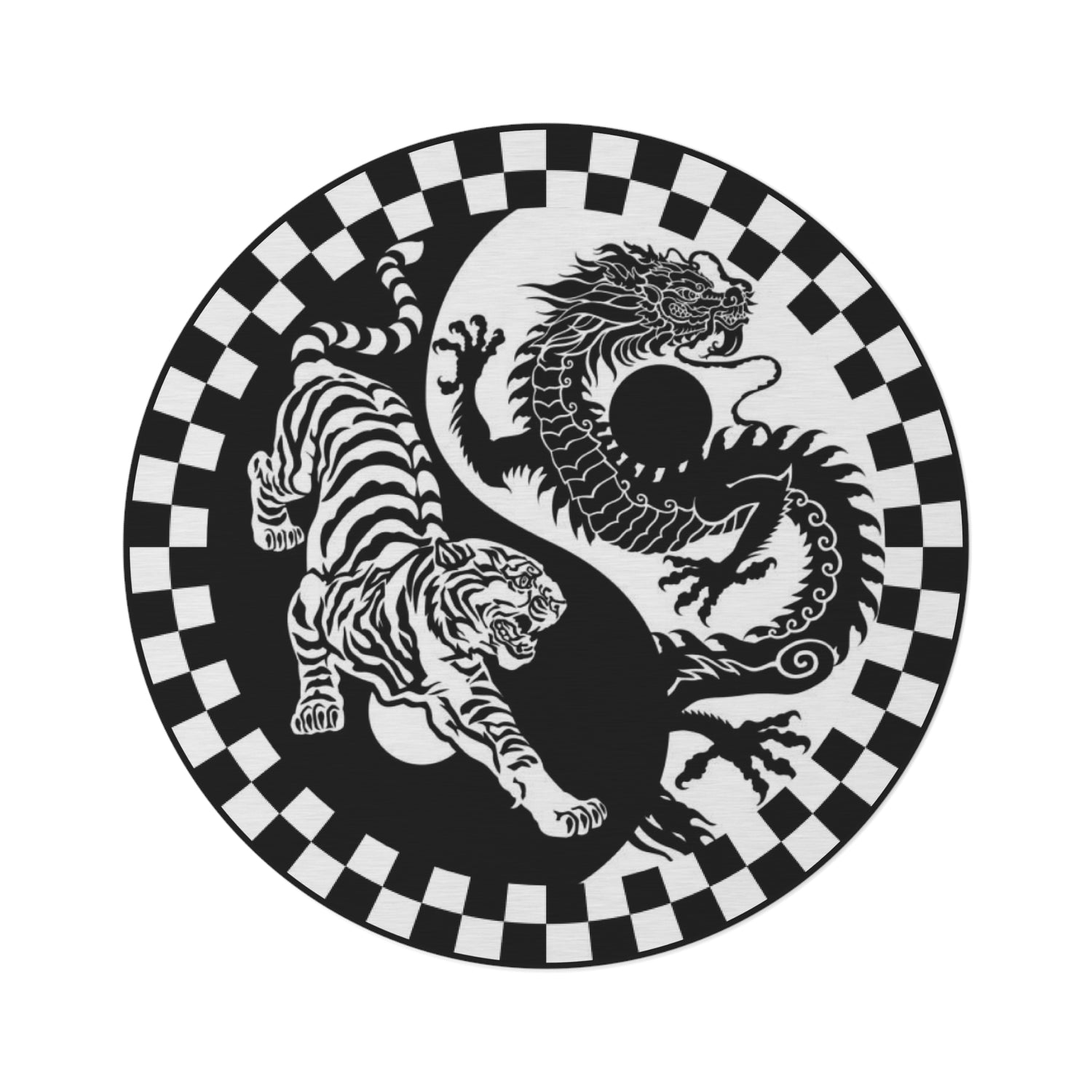 Round Rug Tiger and Dragon black and white