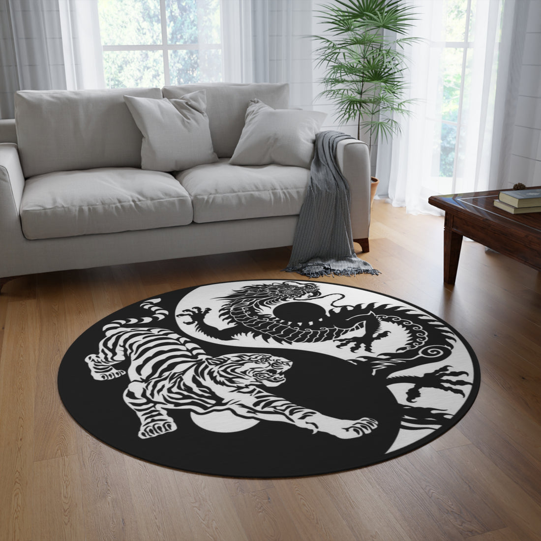 Round Rug black and white Tiger and Dragon