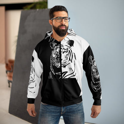 Unisex Zip Hoodie Tiger Black and White