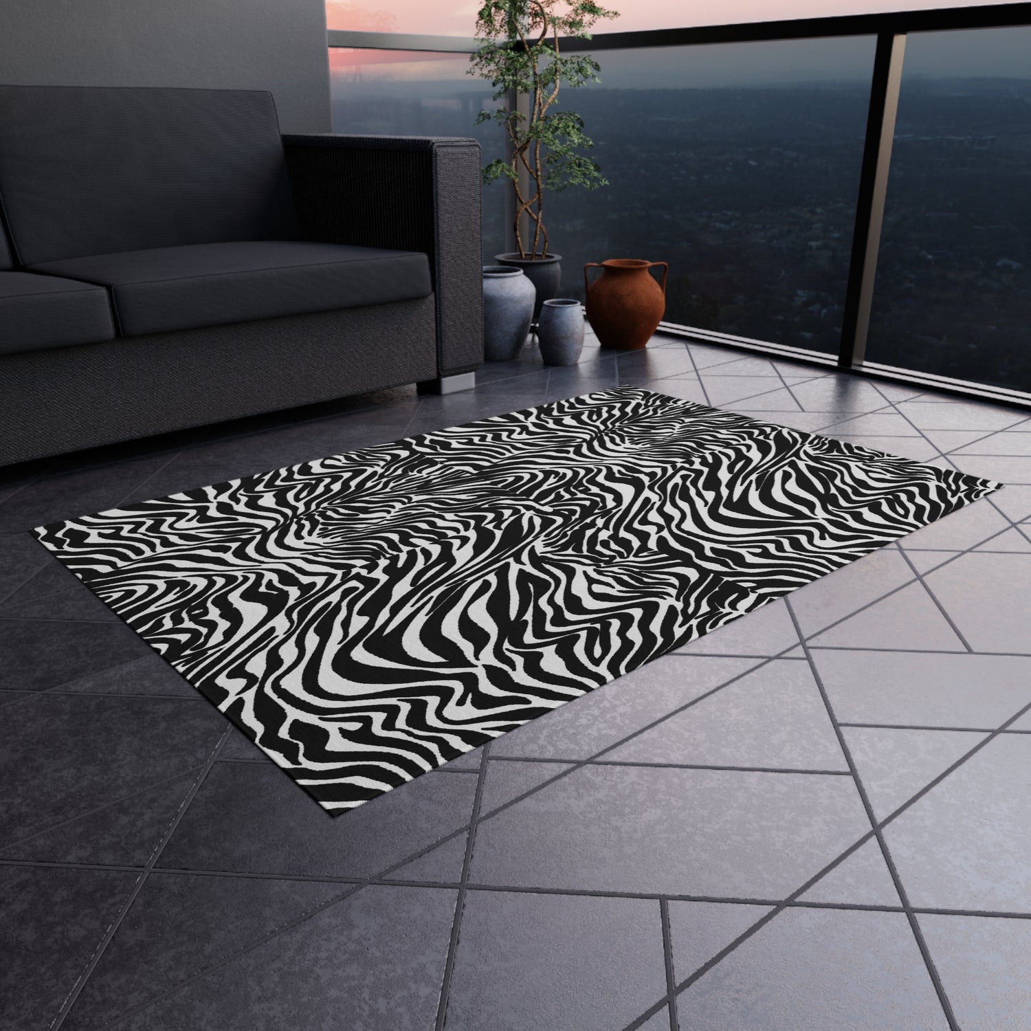 Outdoor Rug White Black Zebra print