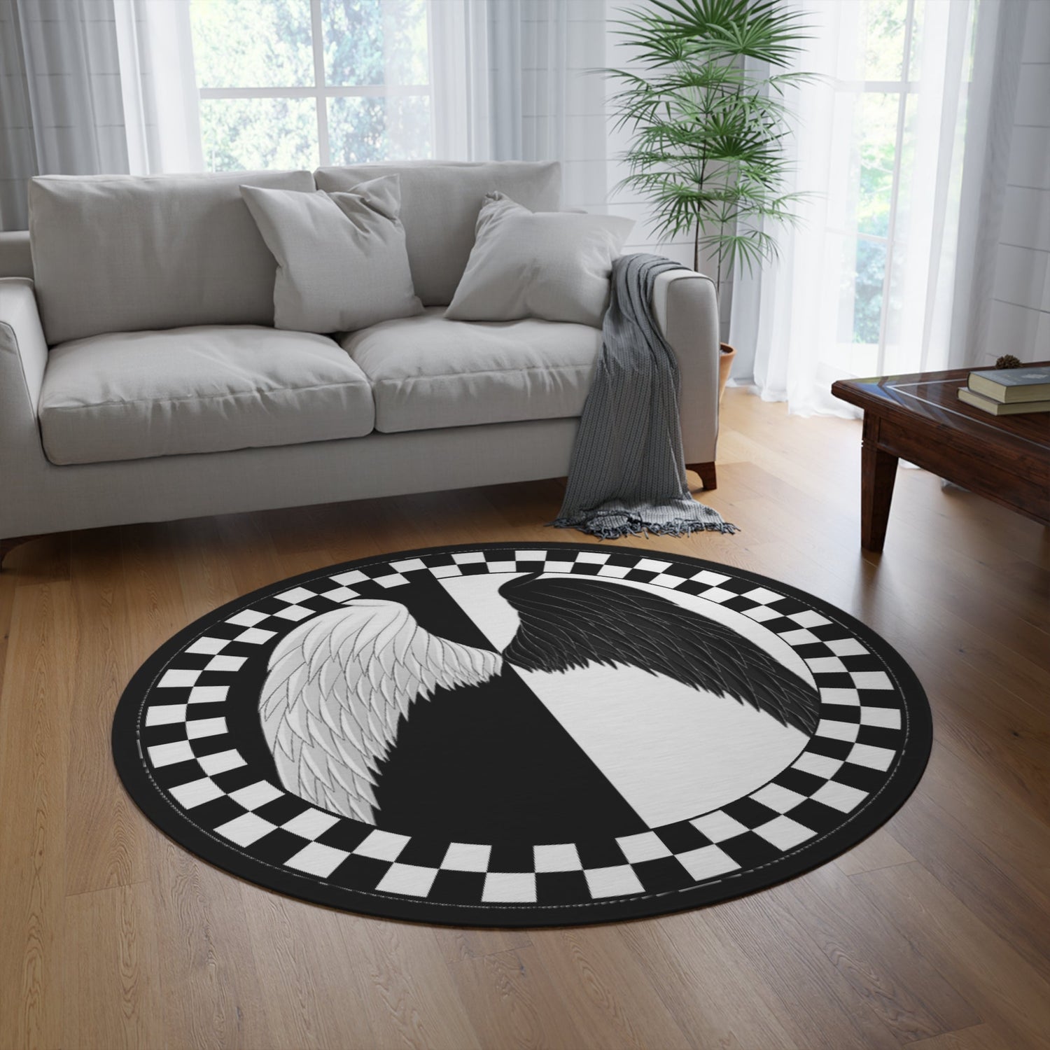 Round Rug Wings on Black and White