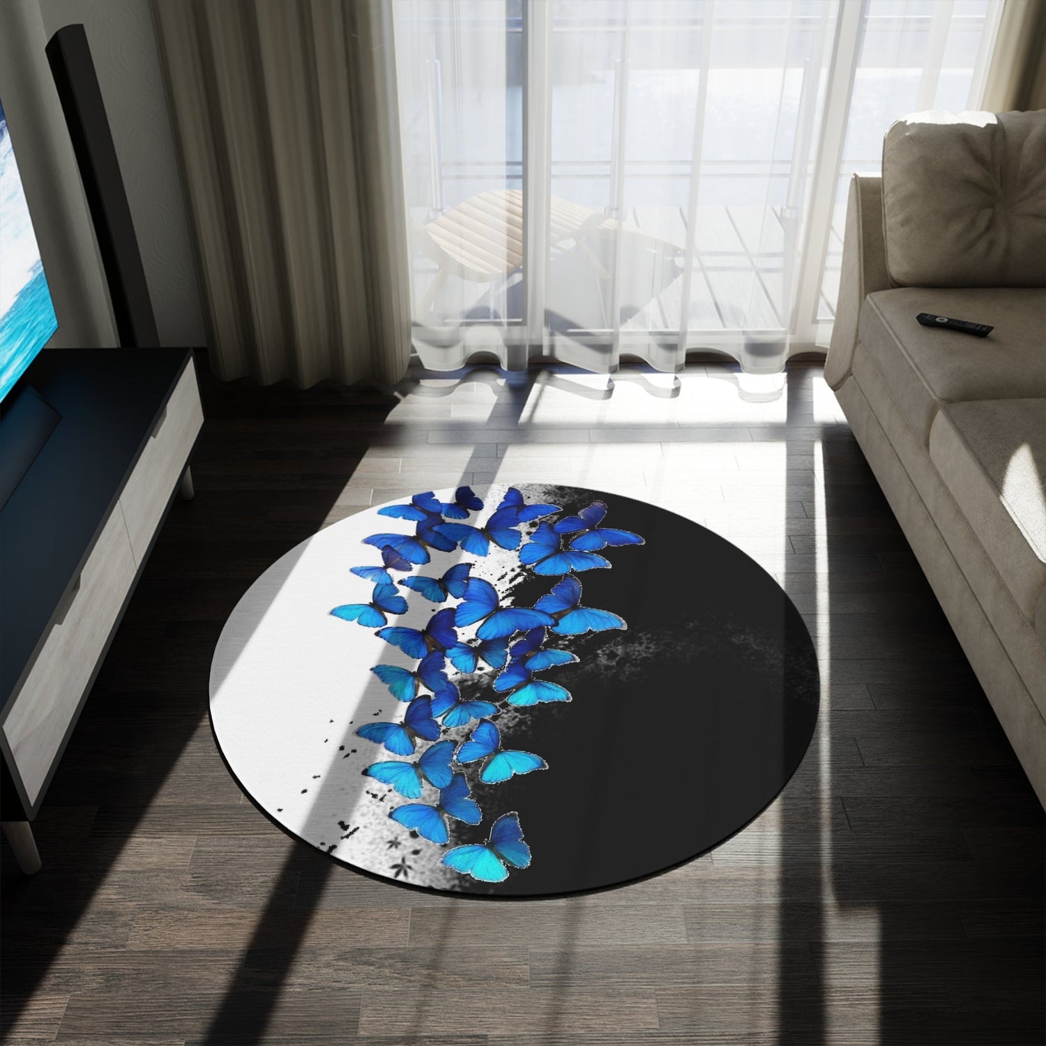 Round Rug Blue Butterflies on Black and White abstract