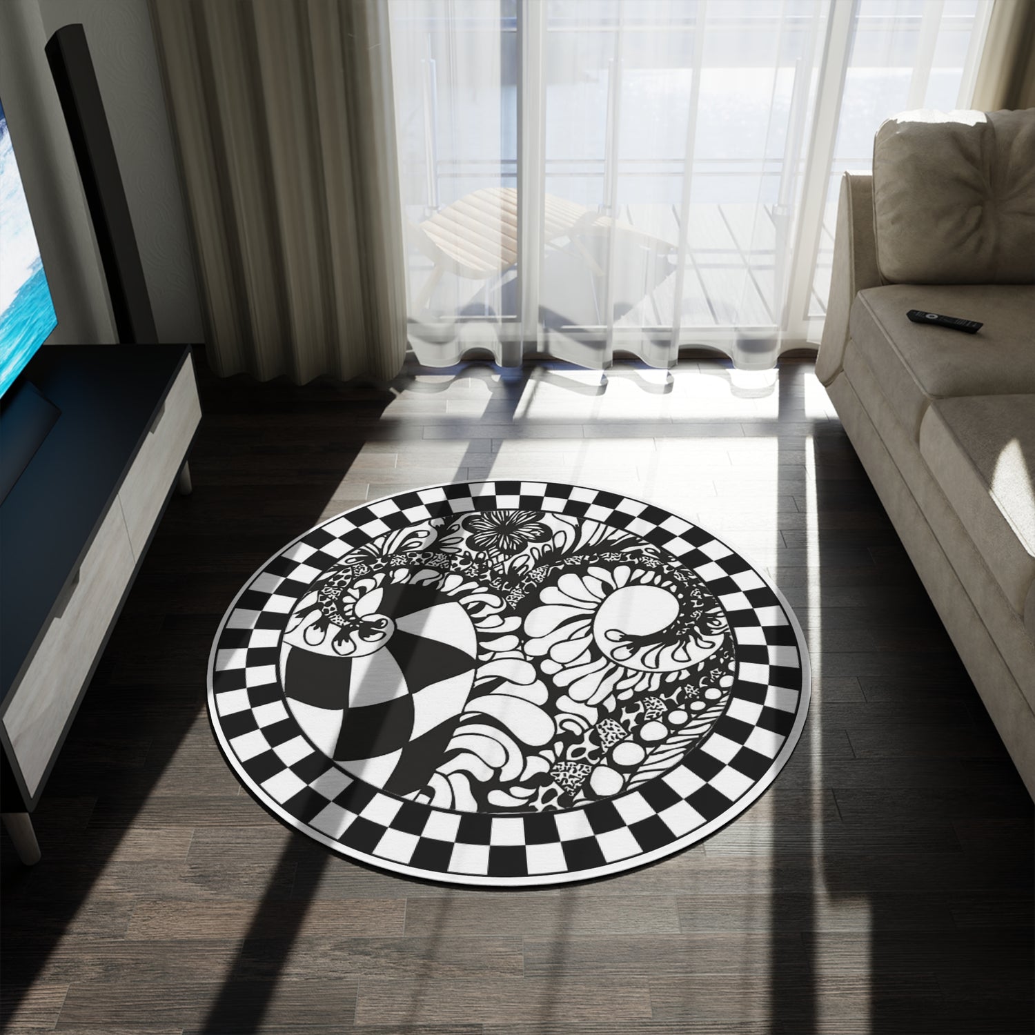 Round Rug Black and White artistic