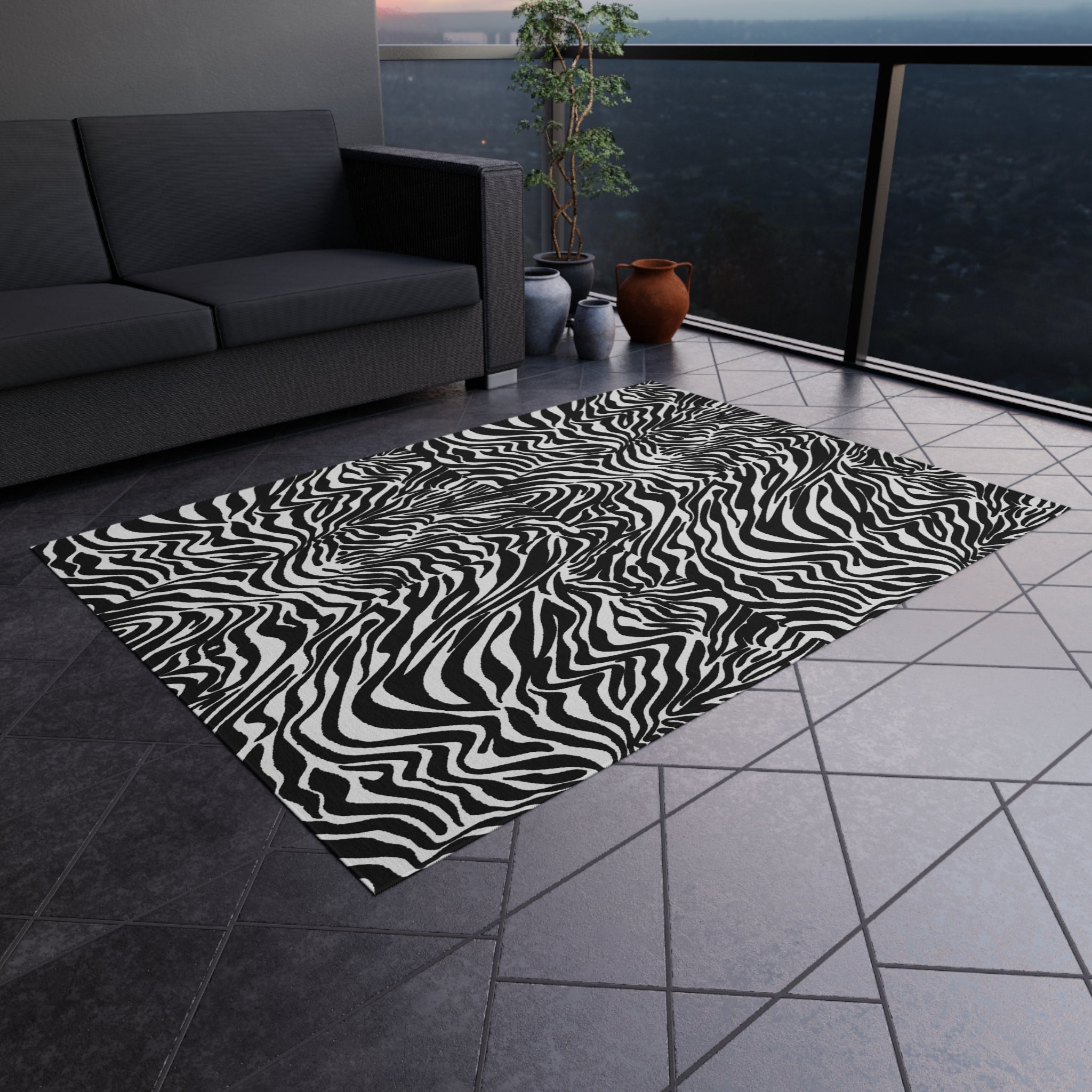 Outdoor Rug White Black Zebra print