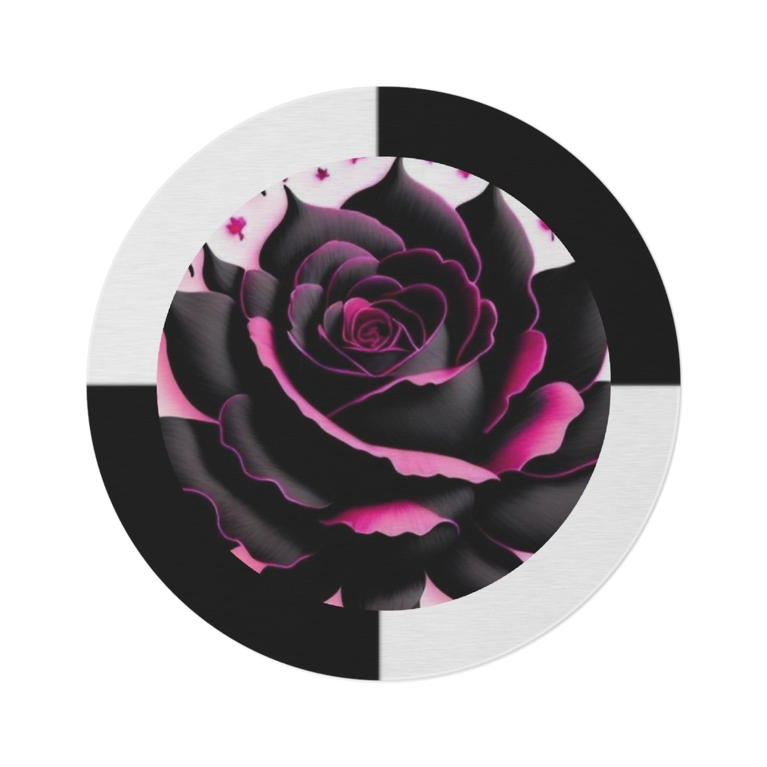 Round Rug Pink Rose on black and white