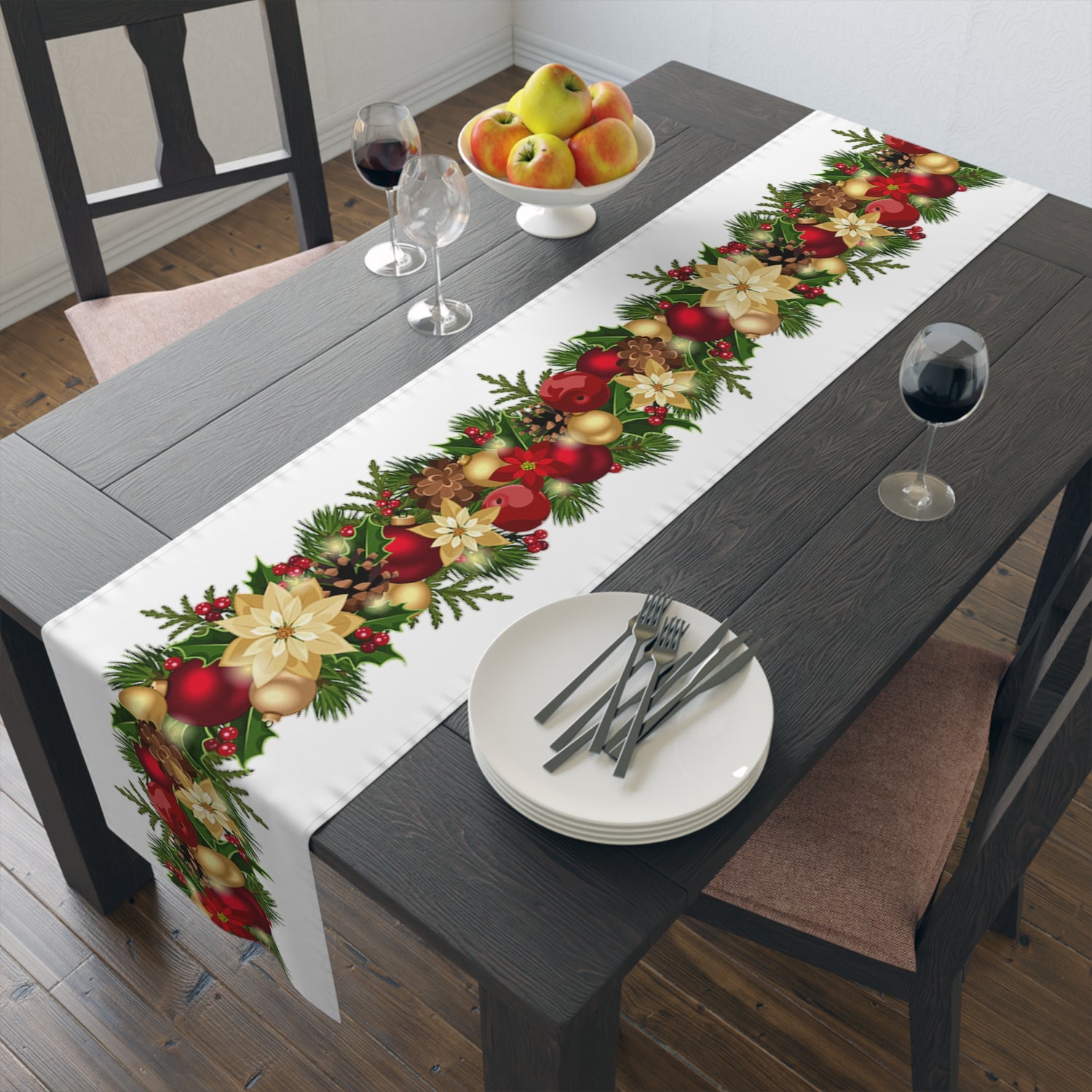 Table Runner (Cotton, Poly) Poinsettia Christmas