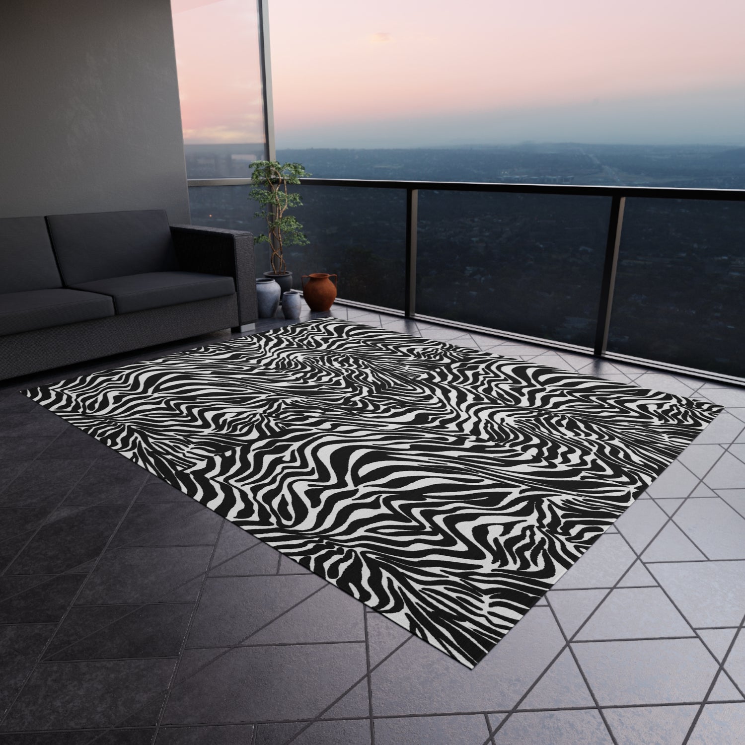 Outdoor Rug White Black Zebra print