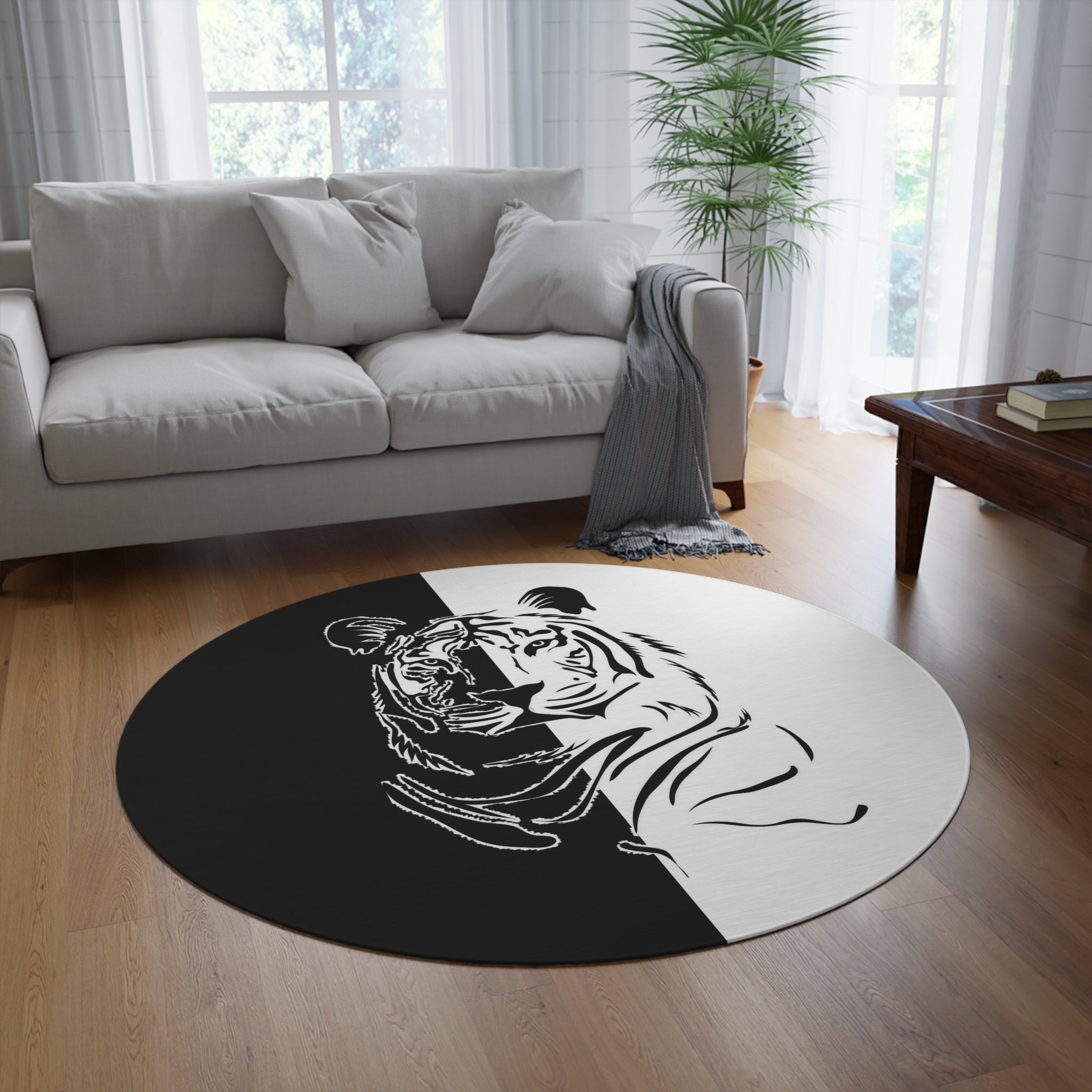 Round Rug Tiger Black White