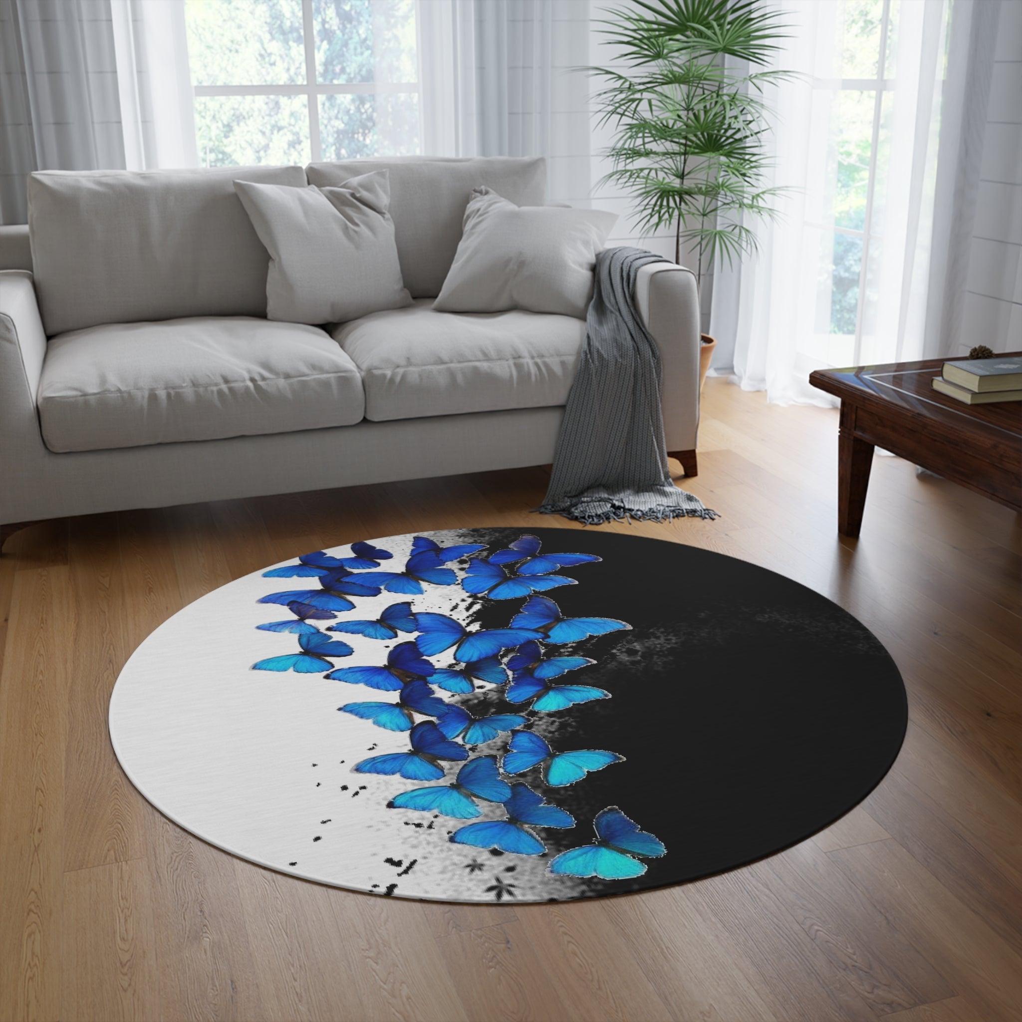 Round Rug Blue Butterflies on Black and White abstract