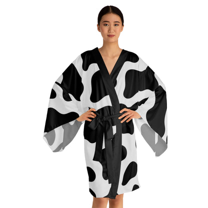 Long Sleeve Kimono Robe Beautiful Black and White