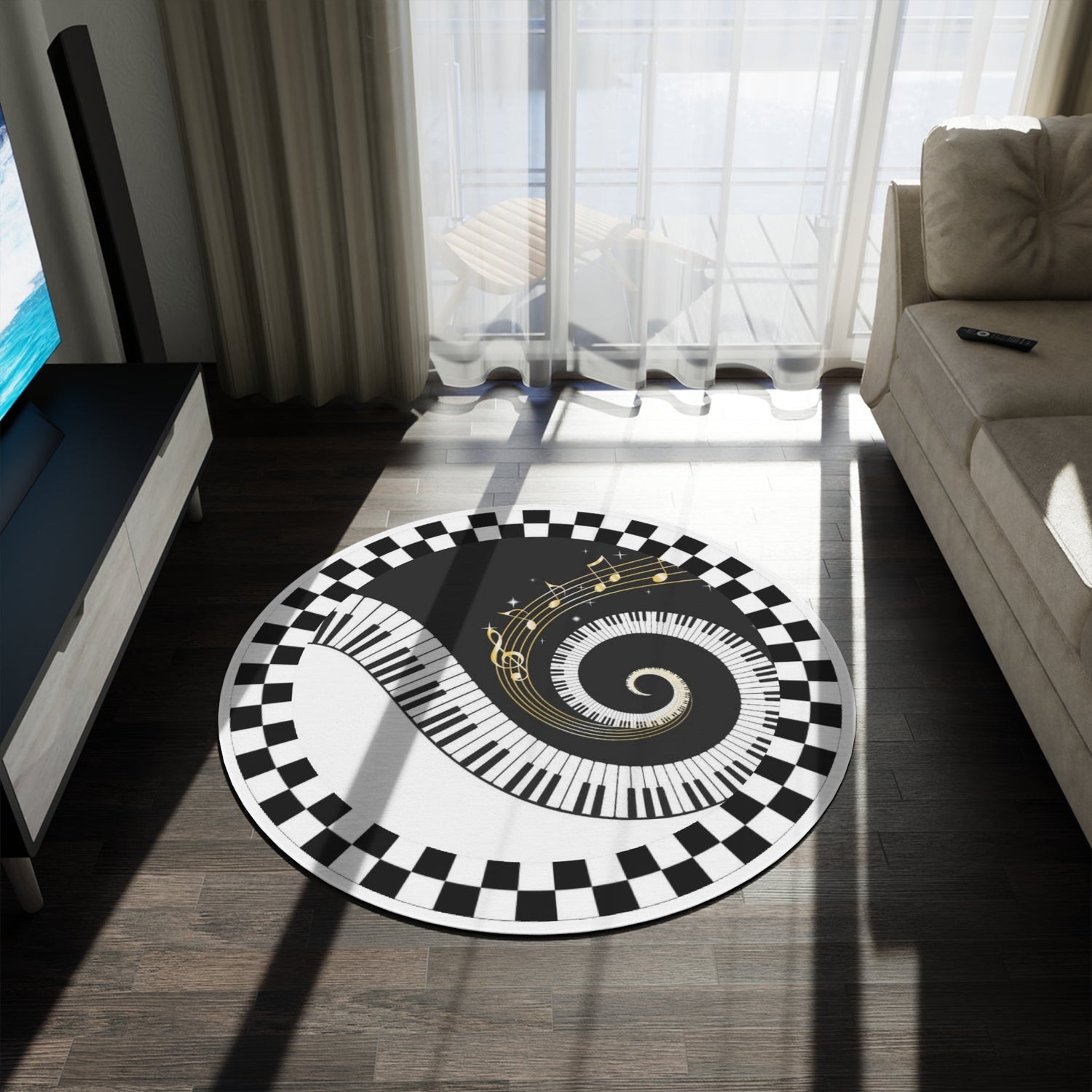 Round Rug Piank keyboard black and white decoration