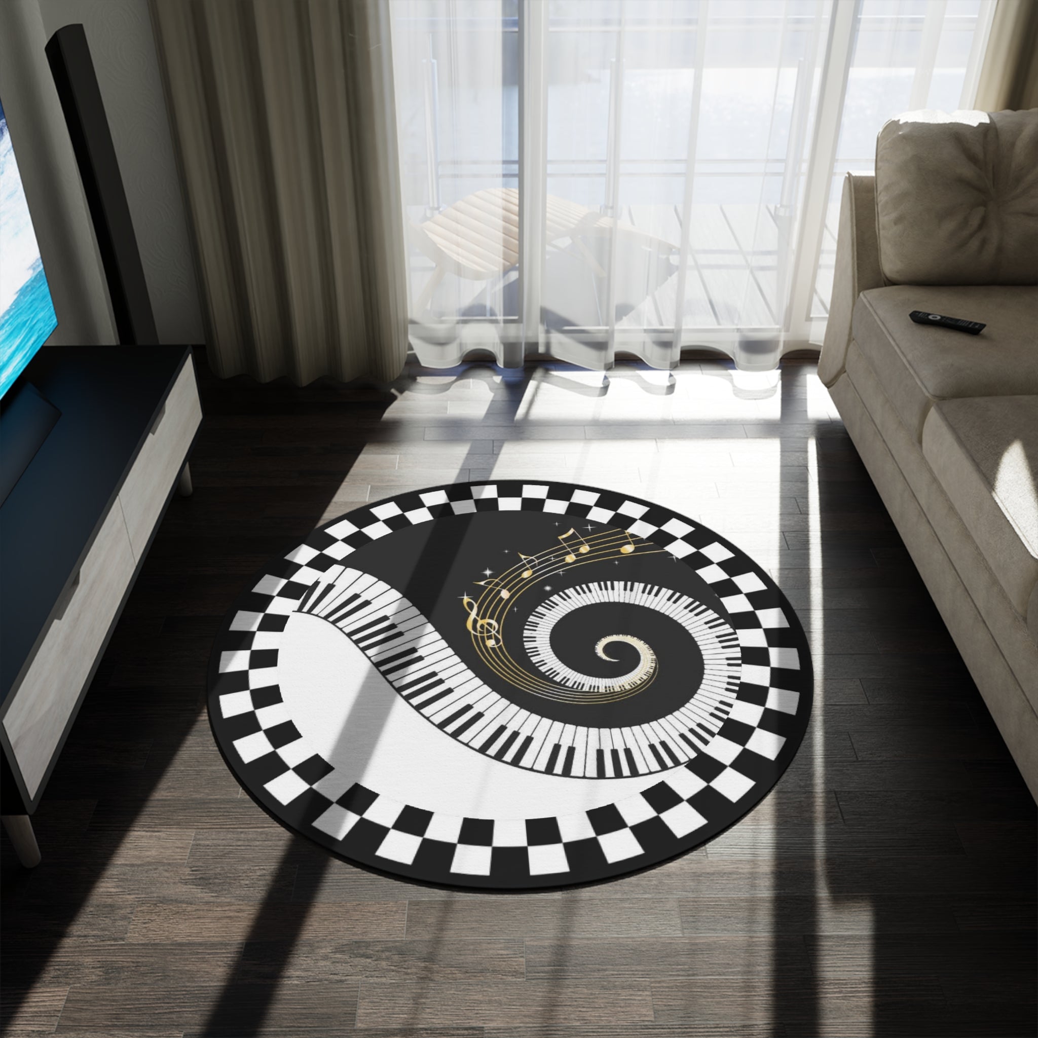 Round Rug Piano keyboard black and white on black