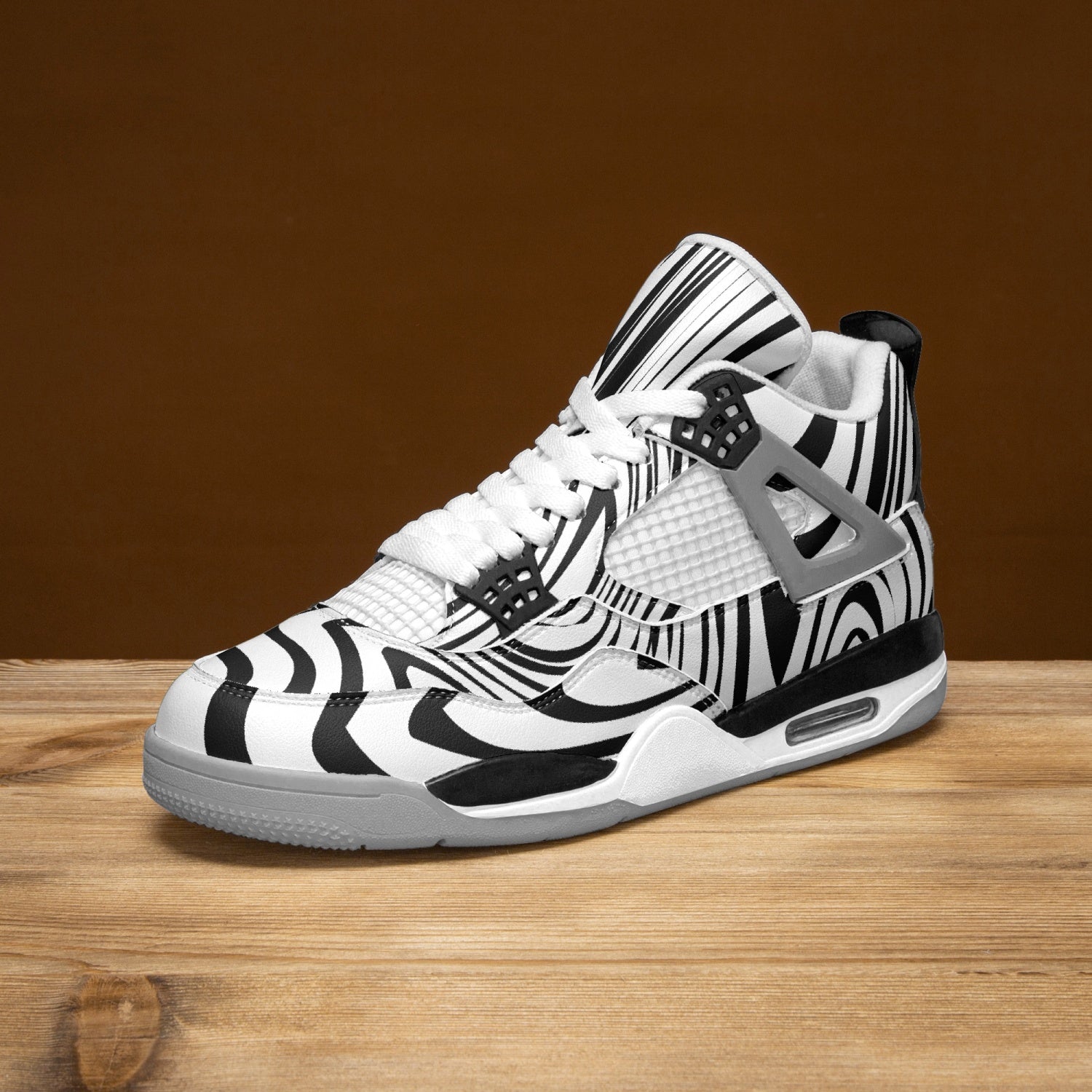 Elevate Your Style with Abstract Black and White AJ4 Basketball Sneakers - Grey Sole - Luxury Edition