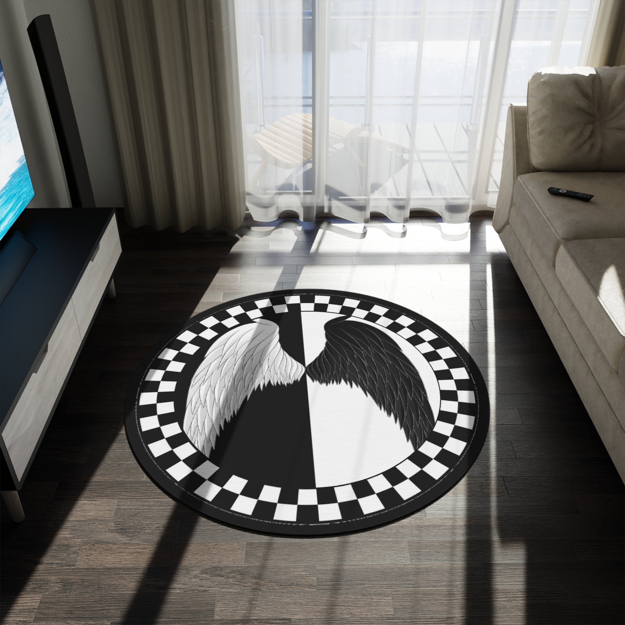 Round Rug Wings on Black and White