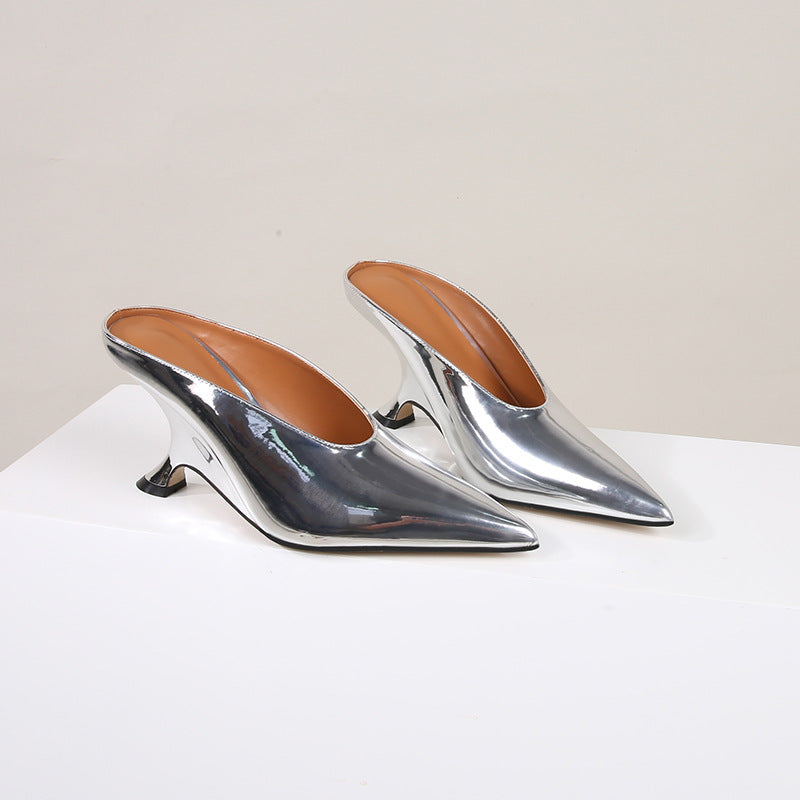 Glossy patent leather cross-border women's shoes with high heels and sloping heels slippers