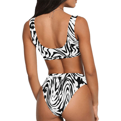Sport Top & High-Waisted Bikini Swimsuit (Model S07) Black and White Abstract