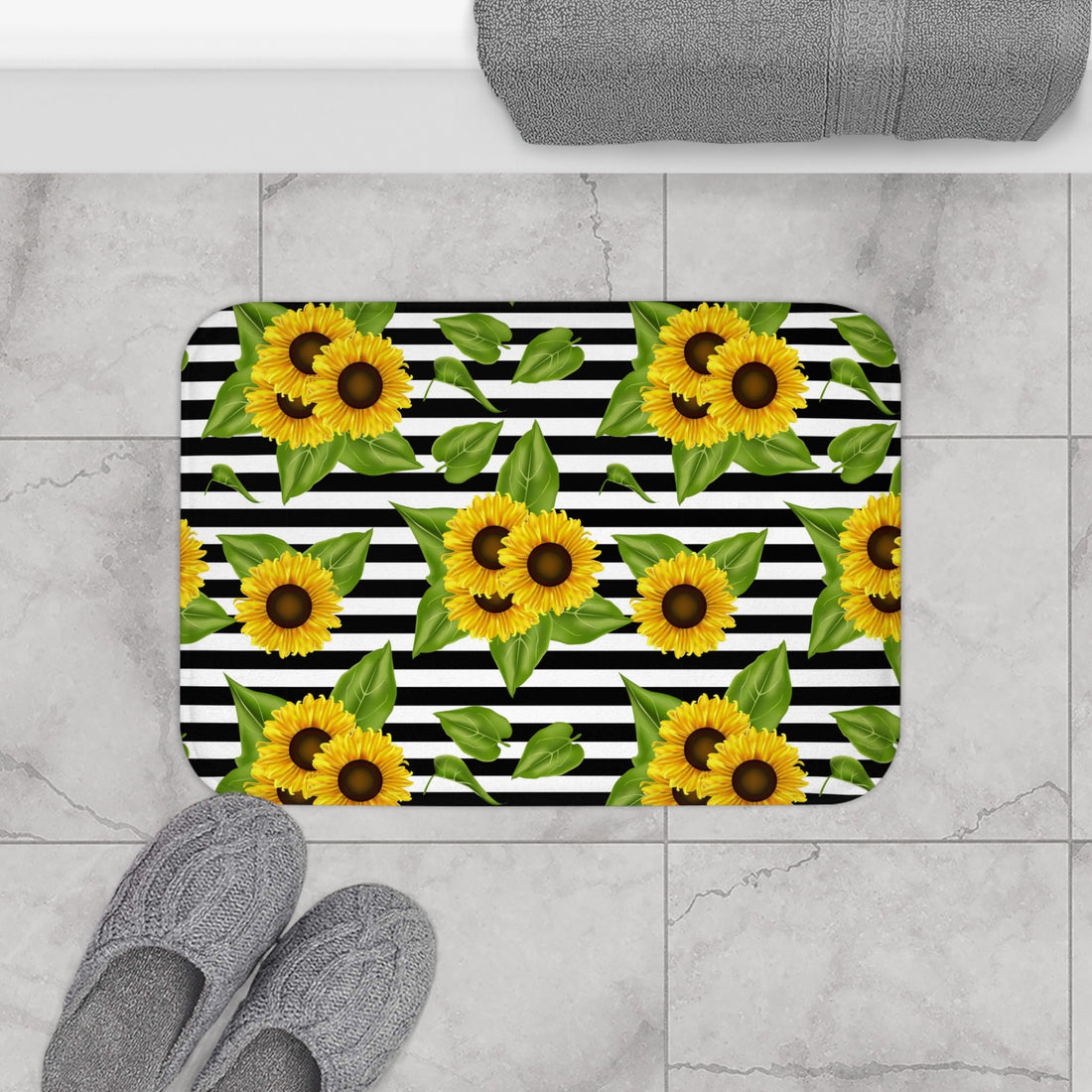 Bath Mat Sunflowers on black and white