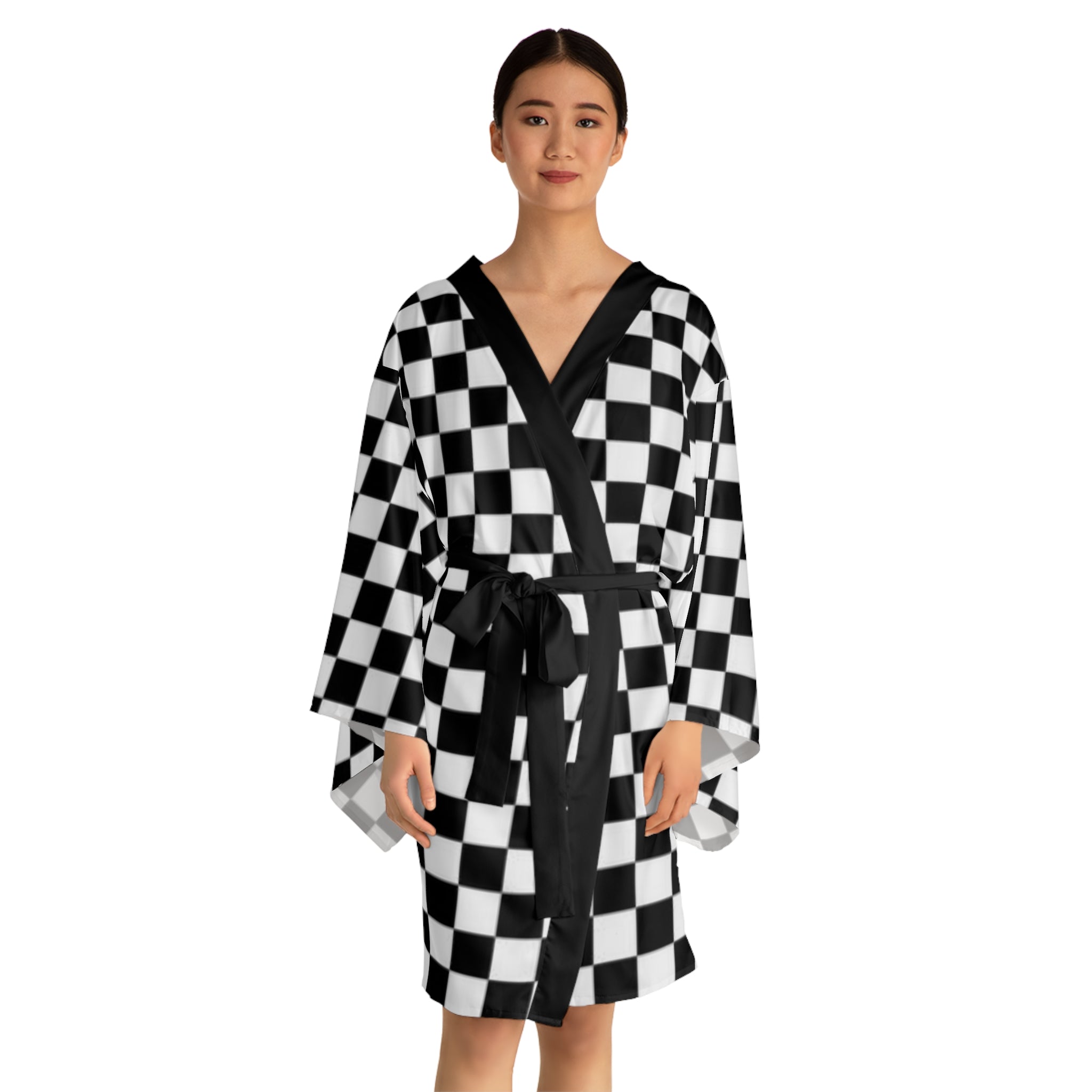 Long Sleeve Kimono Robe Black and White