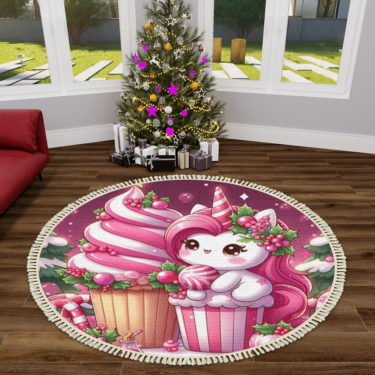 Multiple Sizes Round Area Rug with Tassels Christmas pink Unicorn