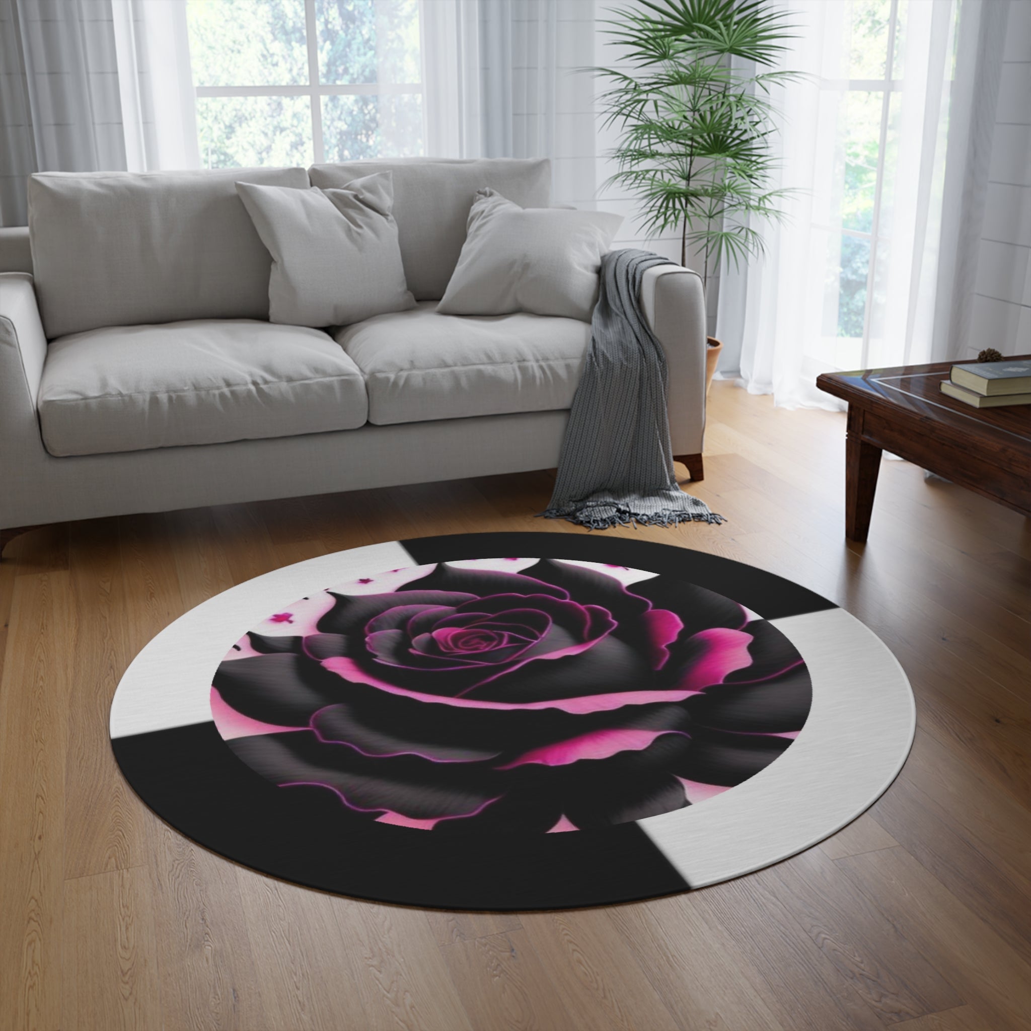 Round Rug Pink Rose on black and white