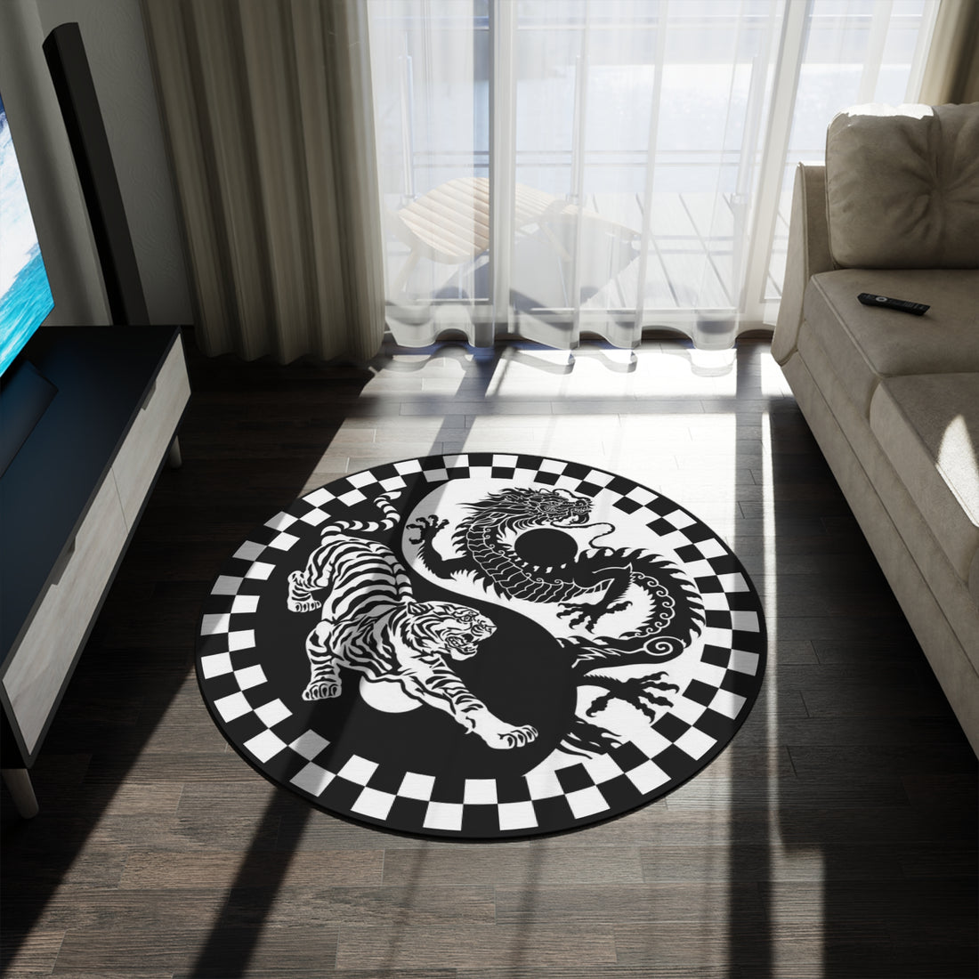 Round Rug Tiger and Dragon black and white