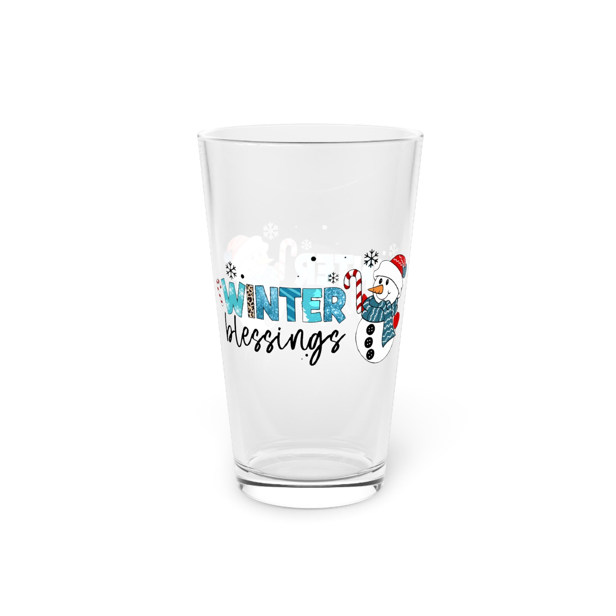 Pint Glass, 16oz Winter blessings Snowman Christmas