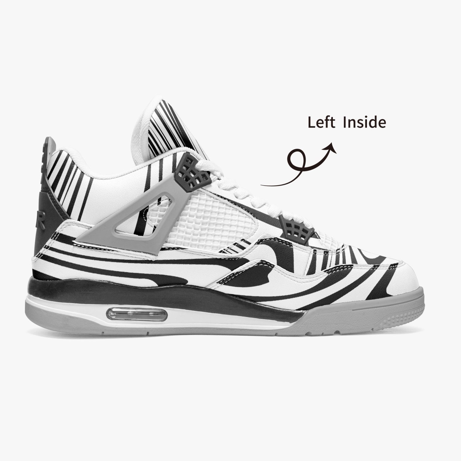 Elevate Your Style with Abstract Black and White AJ4 Basketball Sneakers - Grey Sole - Luxury Edition