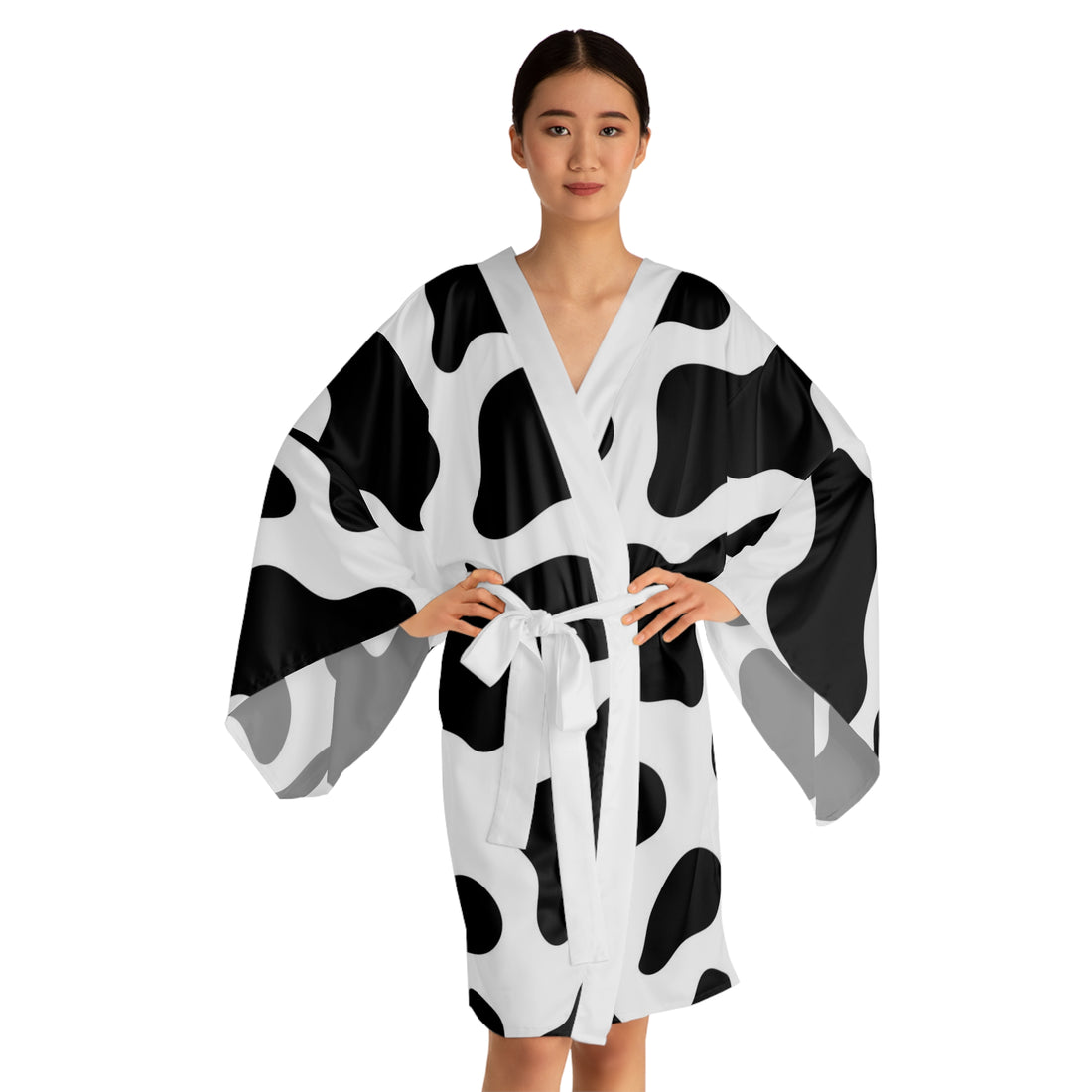 Long Sleeve Kimono Robe Beautiful Black and White