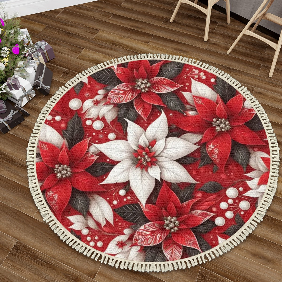 Multiple Sizes Round Area RugChristmas Poinsettia with Tassels