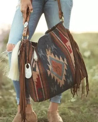 Western Denim Style Diamond Print Canvas Bag One Shoulder Tassel Zipper Bag