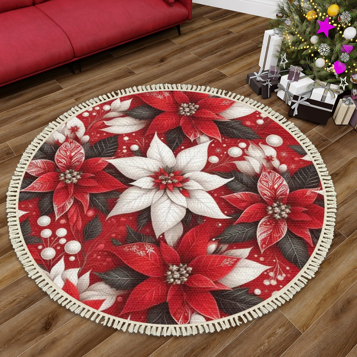 Multiple Sizes Round Area RugChristmas Poinsettia with Tassels