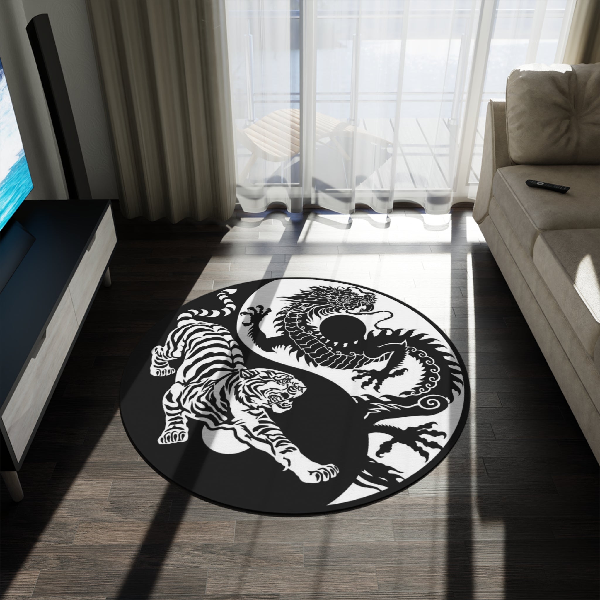 Round Rug black and white Tiger and Dragon