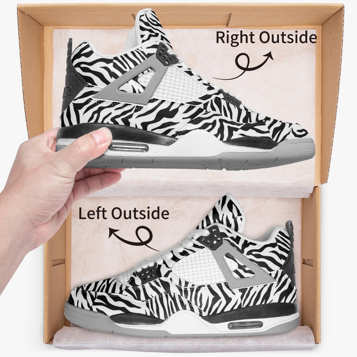 Unique AJ4 Basketball Sneakers with Zebra Print Accents and Grey Sole