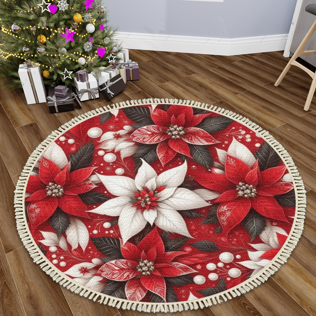 Multiple Sizes Round Area RugChristmas Poinsettia with Tassels