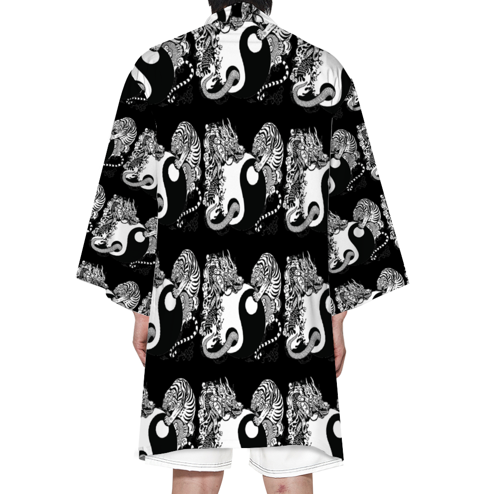 Unisex Beach Kimono for Summer, Tiger and Dragon black and white