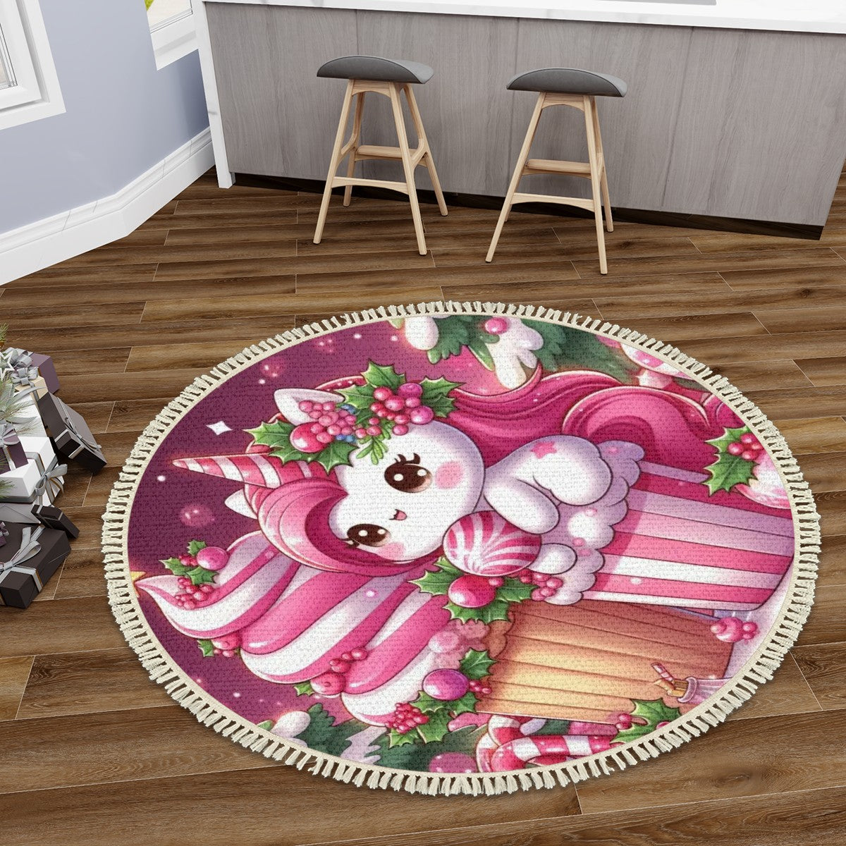 Multiple Sizes Round Area Rug with Tassels Christmas pink Unicorn