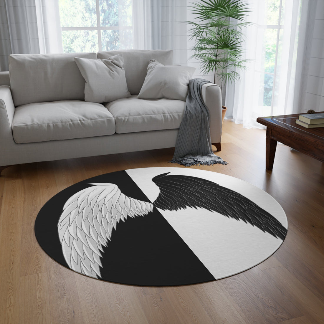 Round Rug Angel Wings black white