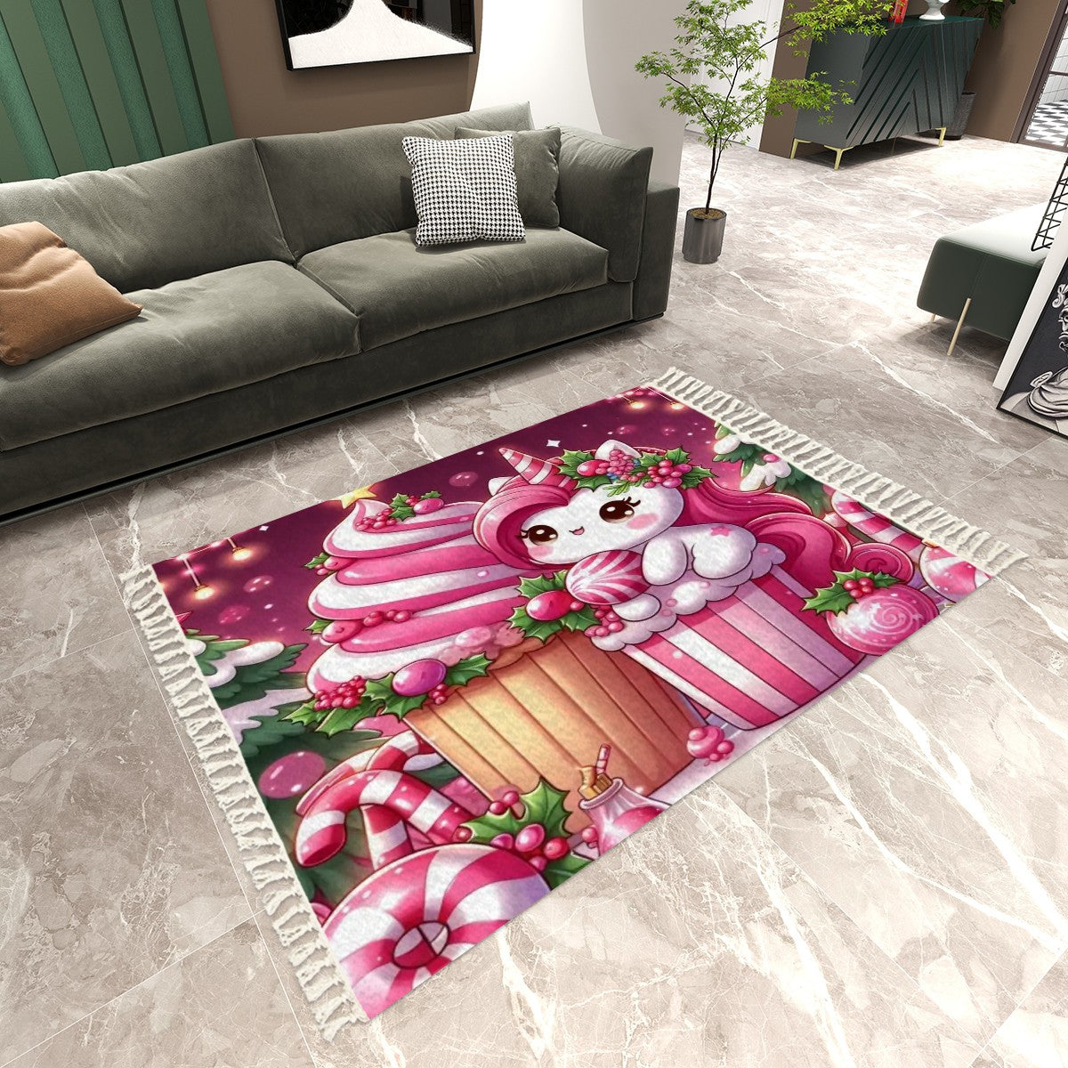 Area Rug with Tassels (8:5) Pink Unicorn Christmas decoration