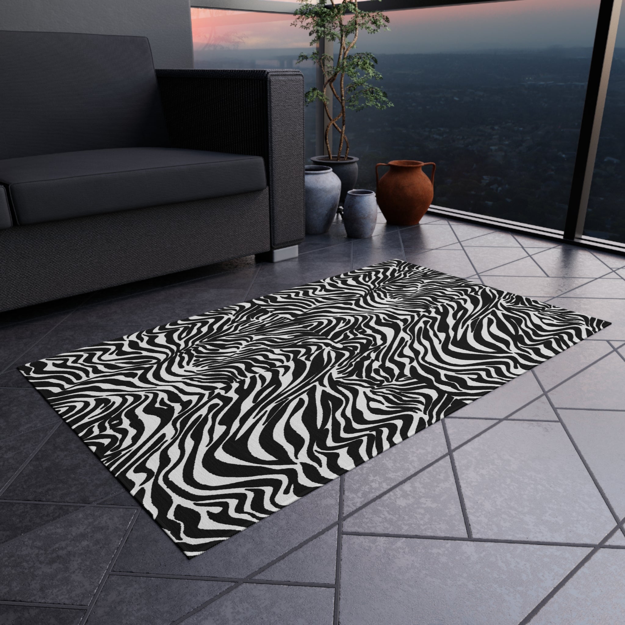 Outdoor Rug White Black Zebra print