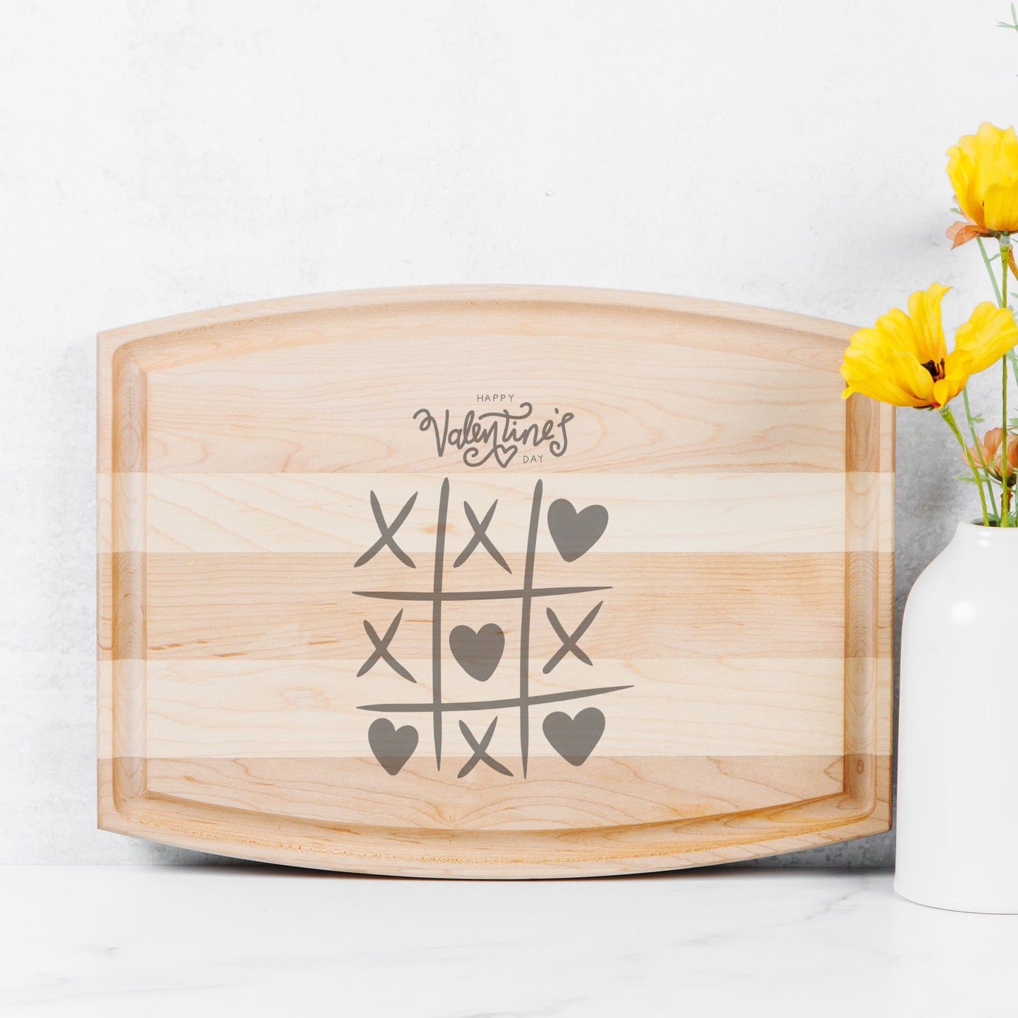 Happy Valentine's day Arched Wood Cutting Board with Groove - 12" x 9"