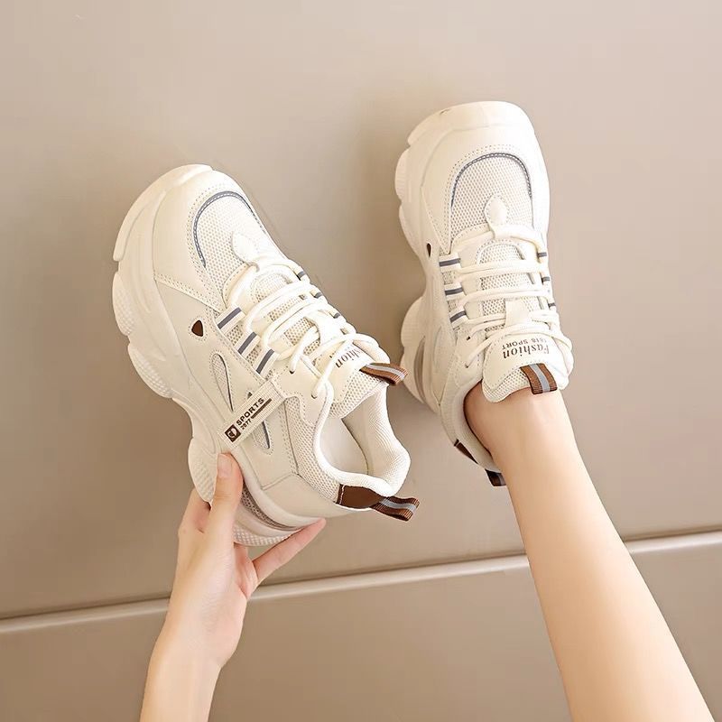 Real leather raised dad shoes new thick soled air cushion shock-absorbing sports shoes casual women's shoes