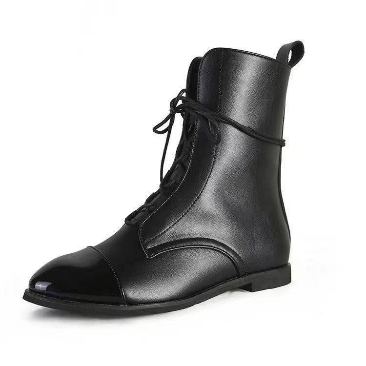 New Women Boots Patent Leather British Style Flat Ladies Boots Black Pointed Toe Lace-Up Boots Handsome Boots