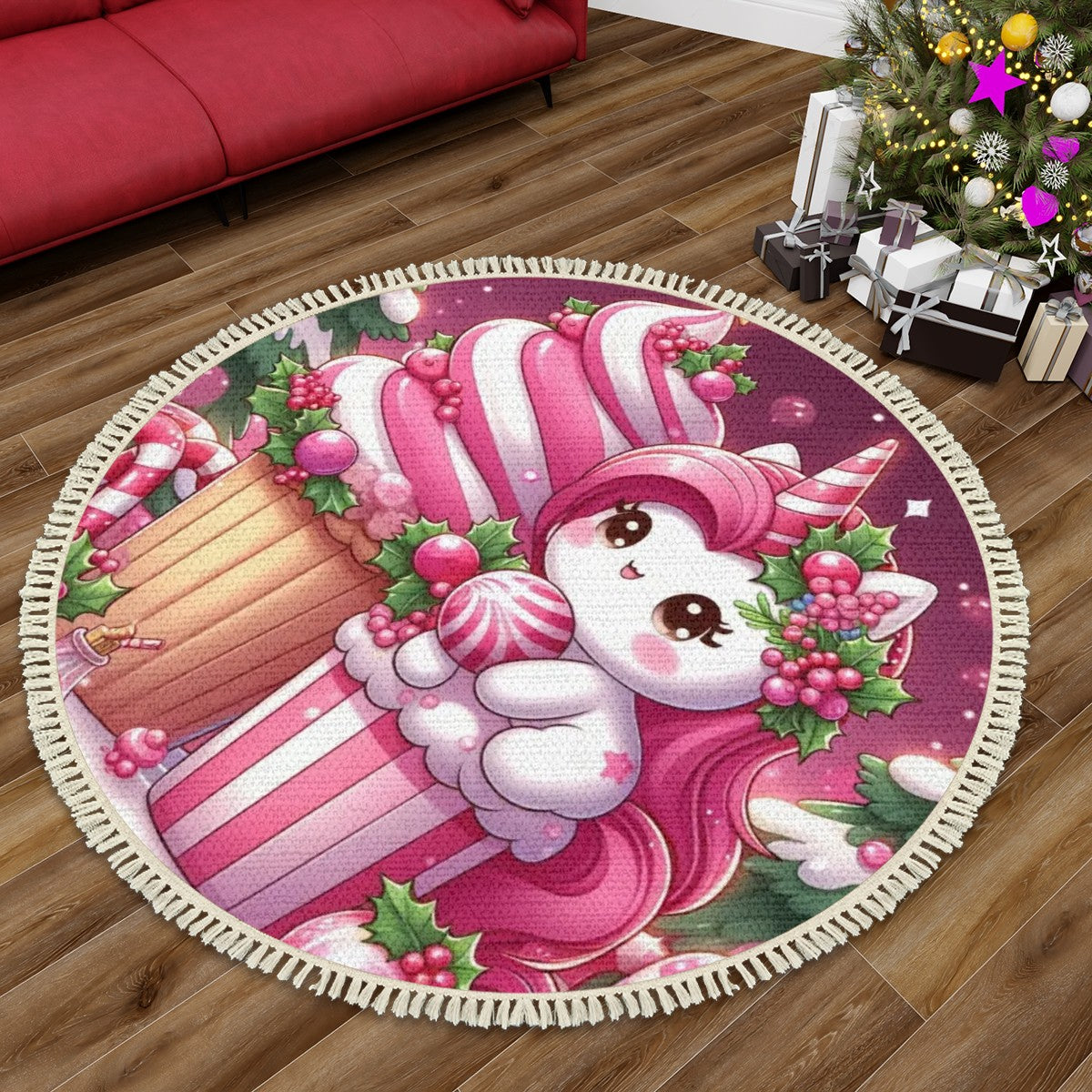 Multiple Sizes Round Area Rug with Tassels Christmas pink Unicorn